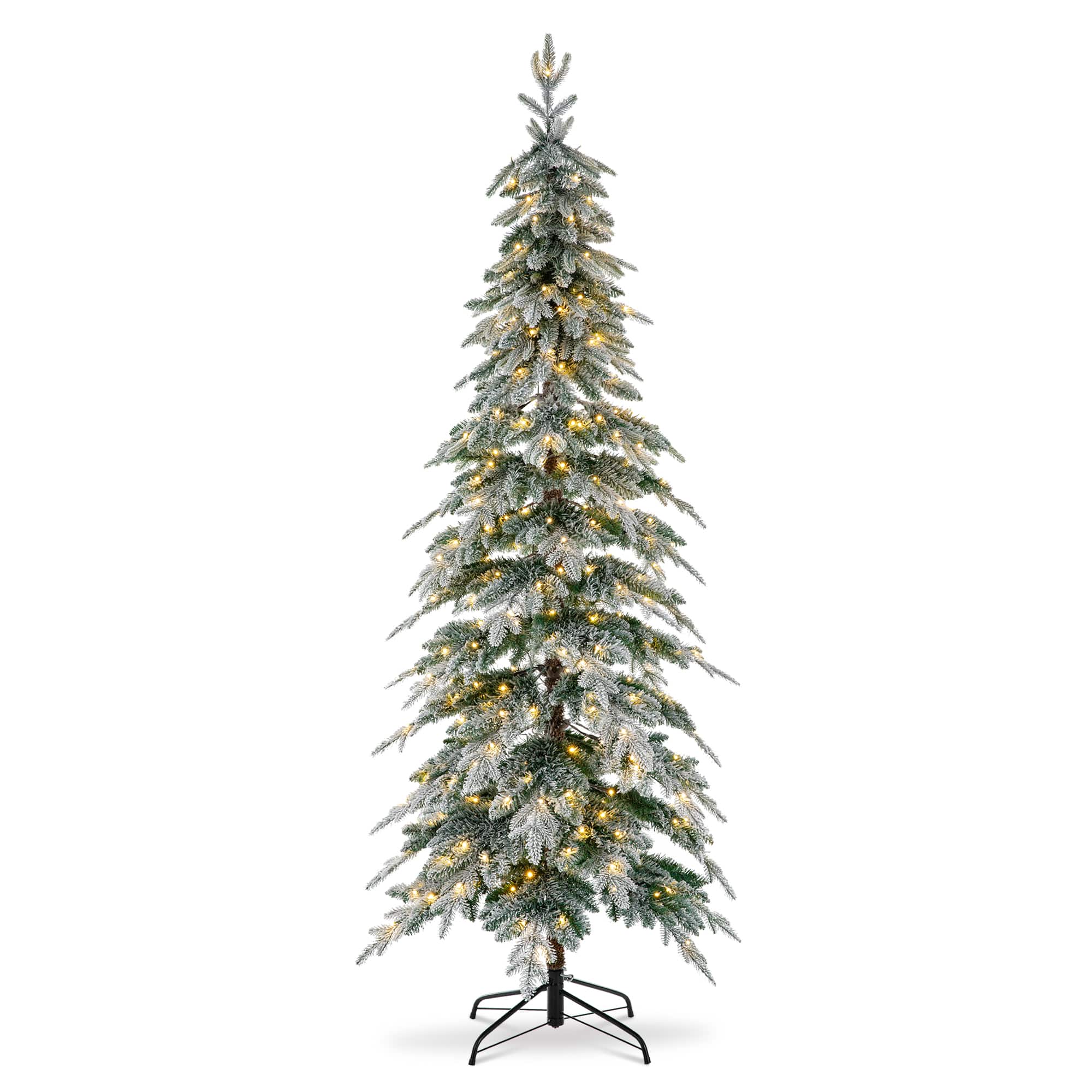Glitzhome&#xAE; 7.5ft. Pre-Lit Flocked Pencil Spruce Artificial Christmas Tree, Warm White LED Lights