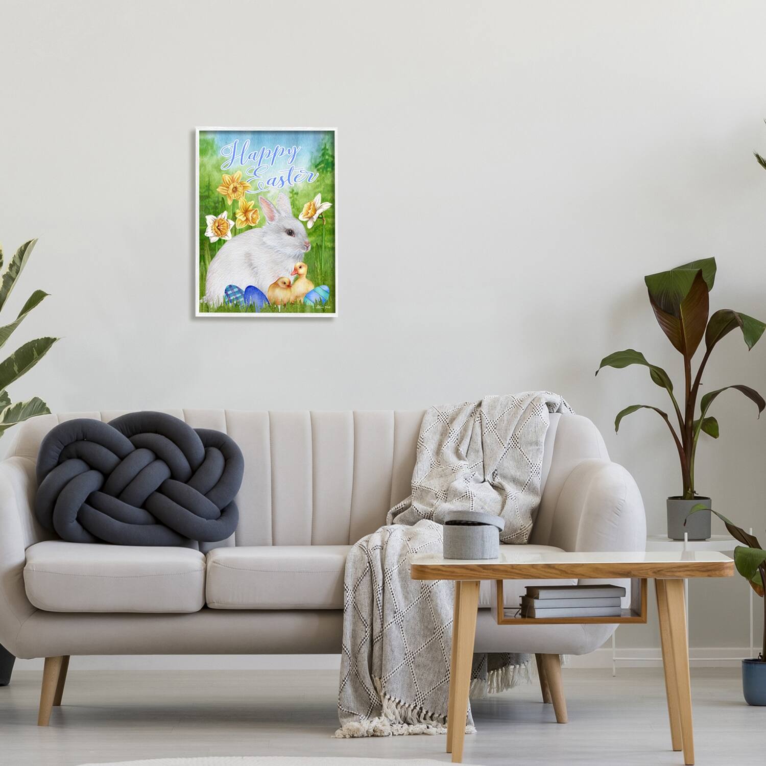 Stupell Industries Happy Easter Spring Bunny Rabbit Phrase Baby Chicks Framed Giclee Art