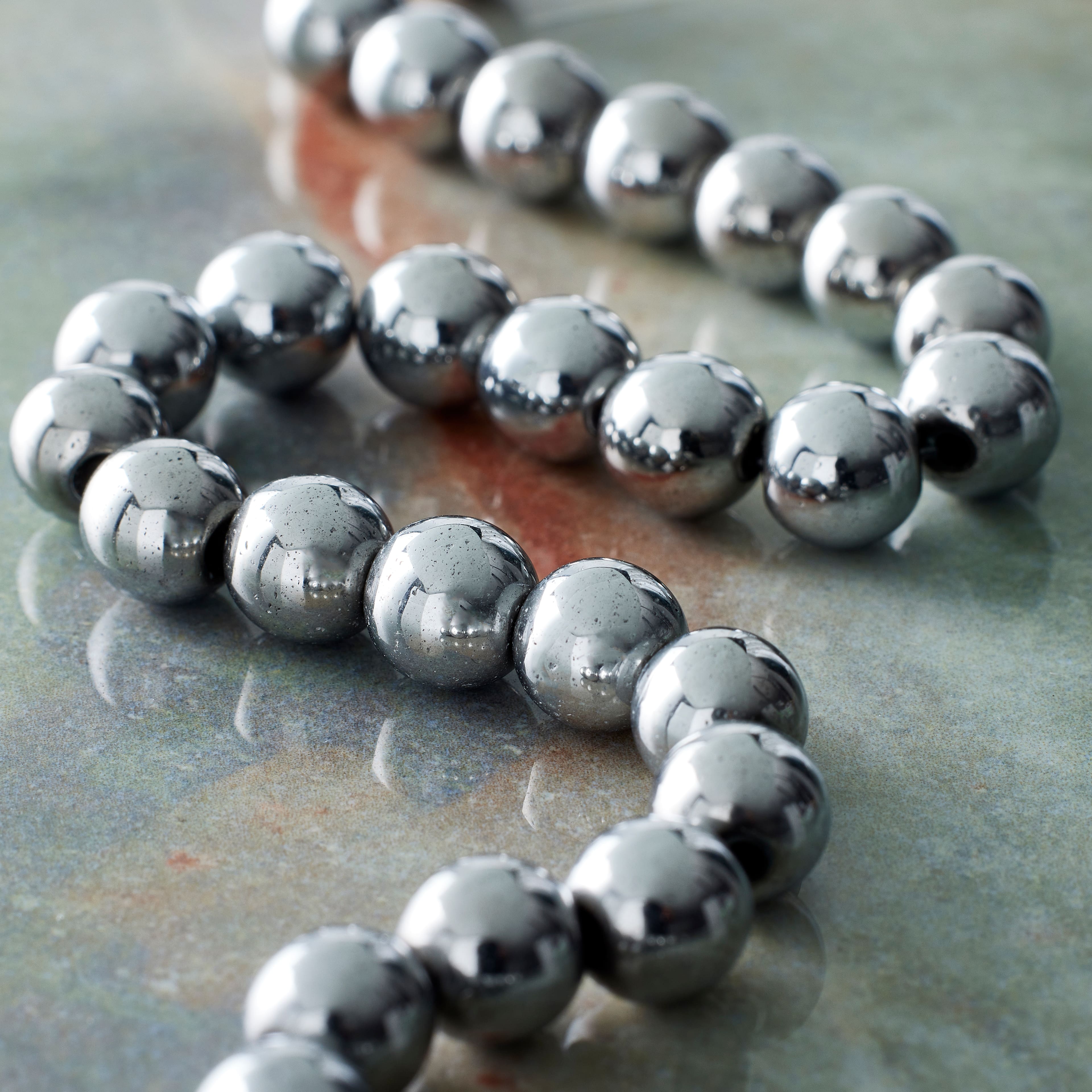 Rhodium Reconstituted Hematite Round Beads by Bead Landing&#x2122;