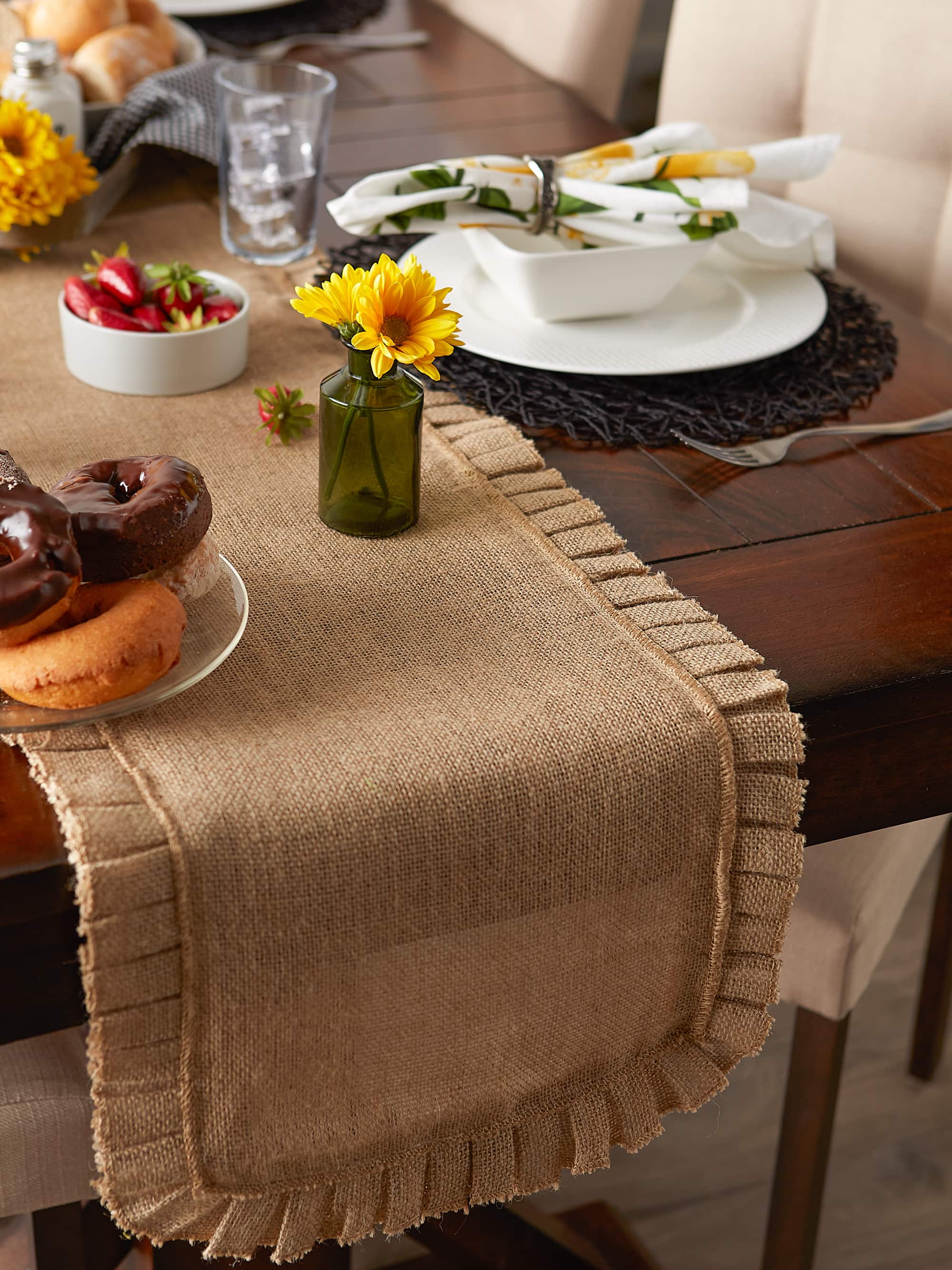 DII® Natural Ruffle Trim Jute Table Runner, 14x72 inch