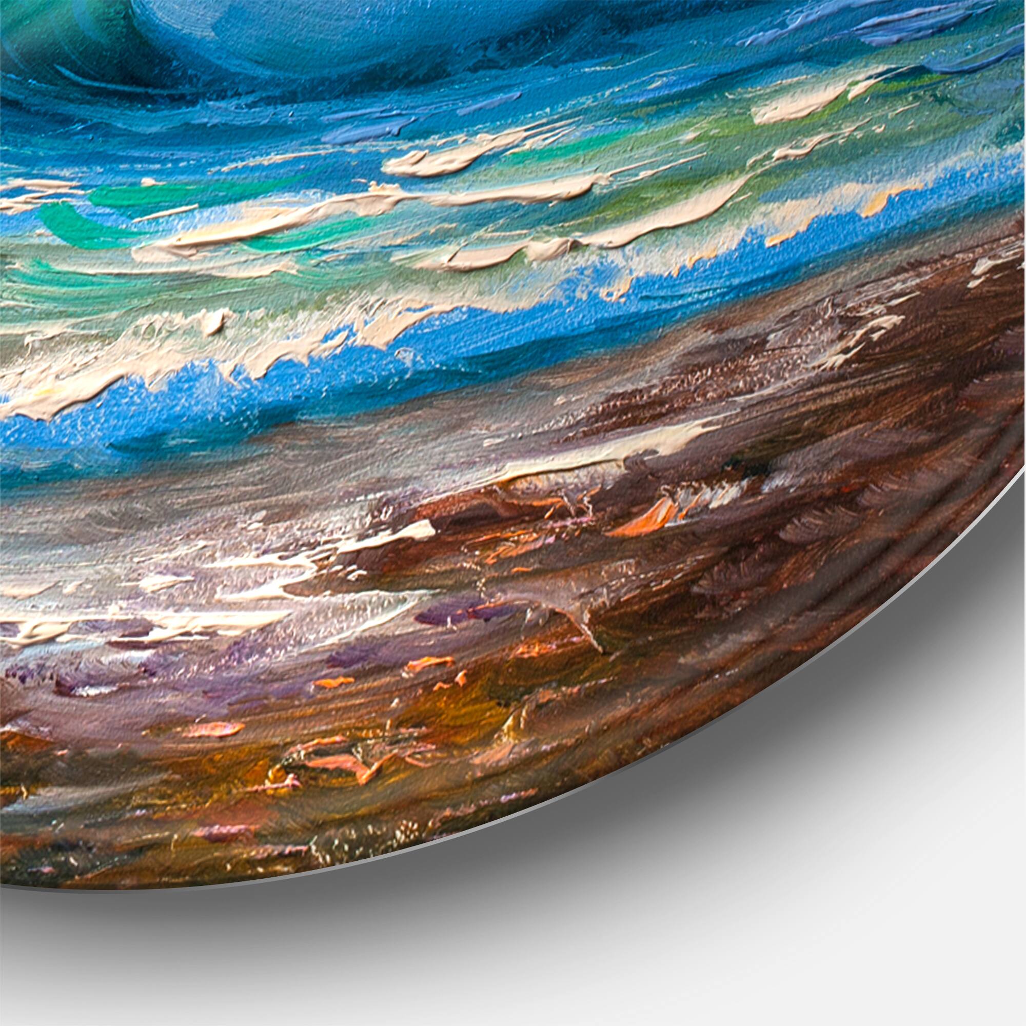 Designart - Blue Waves Breaking At The Beach IV - Nautical & Coastal Metal Circle Wall Art