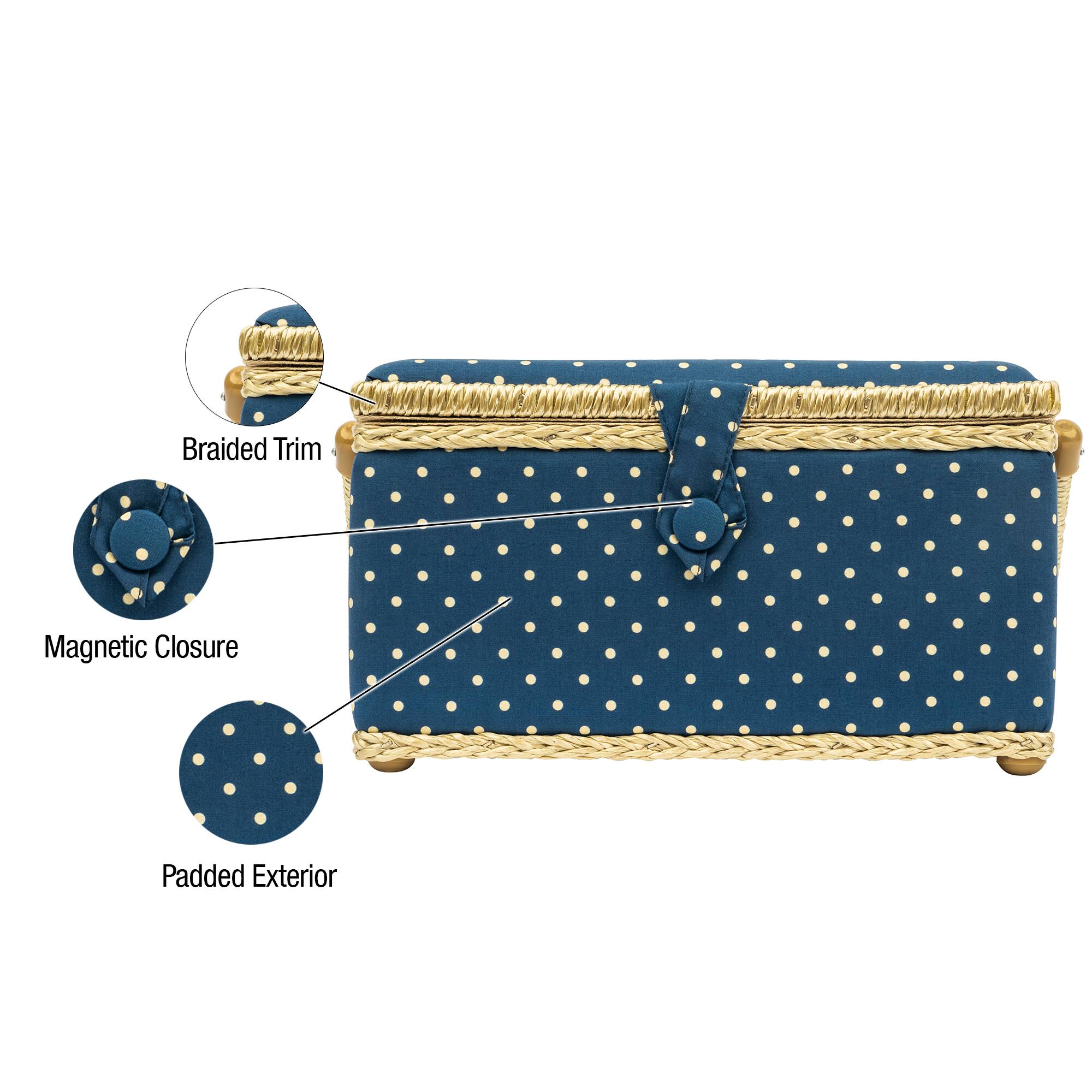 SINGER&#xAE; Large Blue Polka Dot Print Sewing Basket with Matching Zipper Pouch