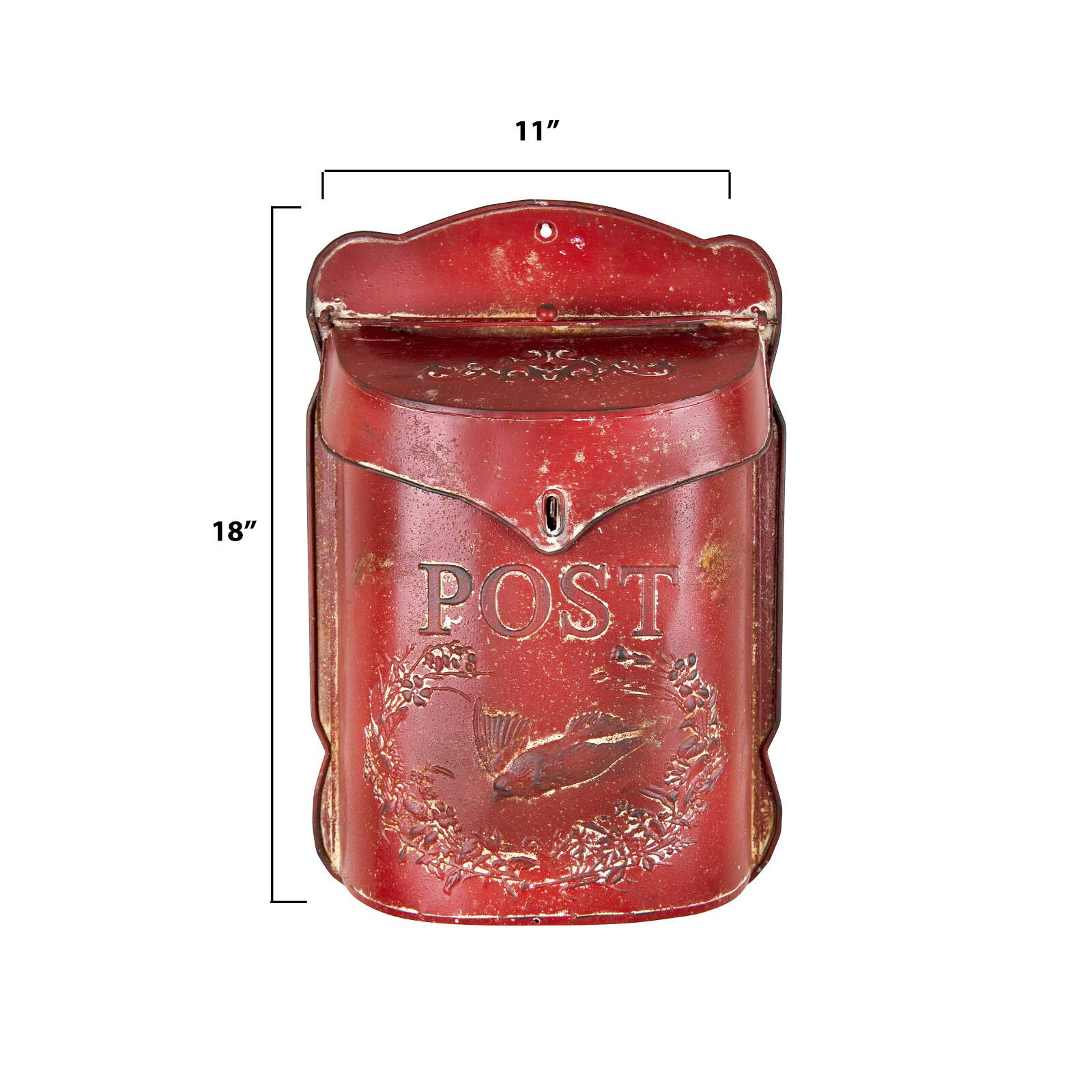 Red Embossed Tin Post Letter Box with Distressed Finish Wall D&#xE9;cor