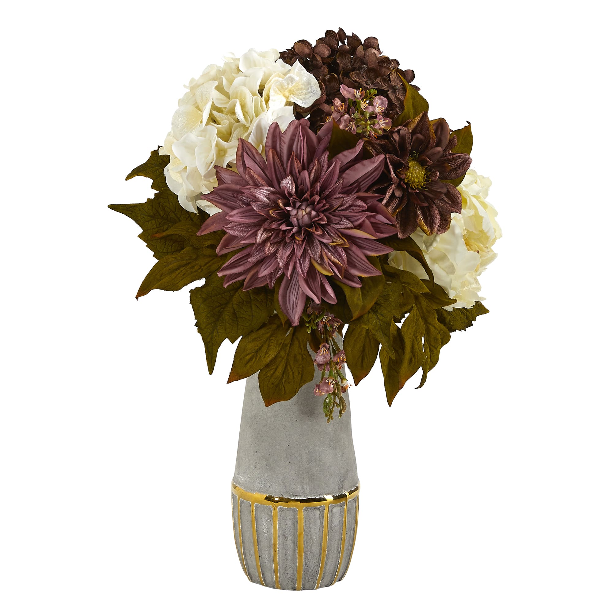 17&#x22; Peony, Hydrangea &#x26; Dahlia Arrangement in Gold Trimmed Stoneware Vase