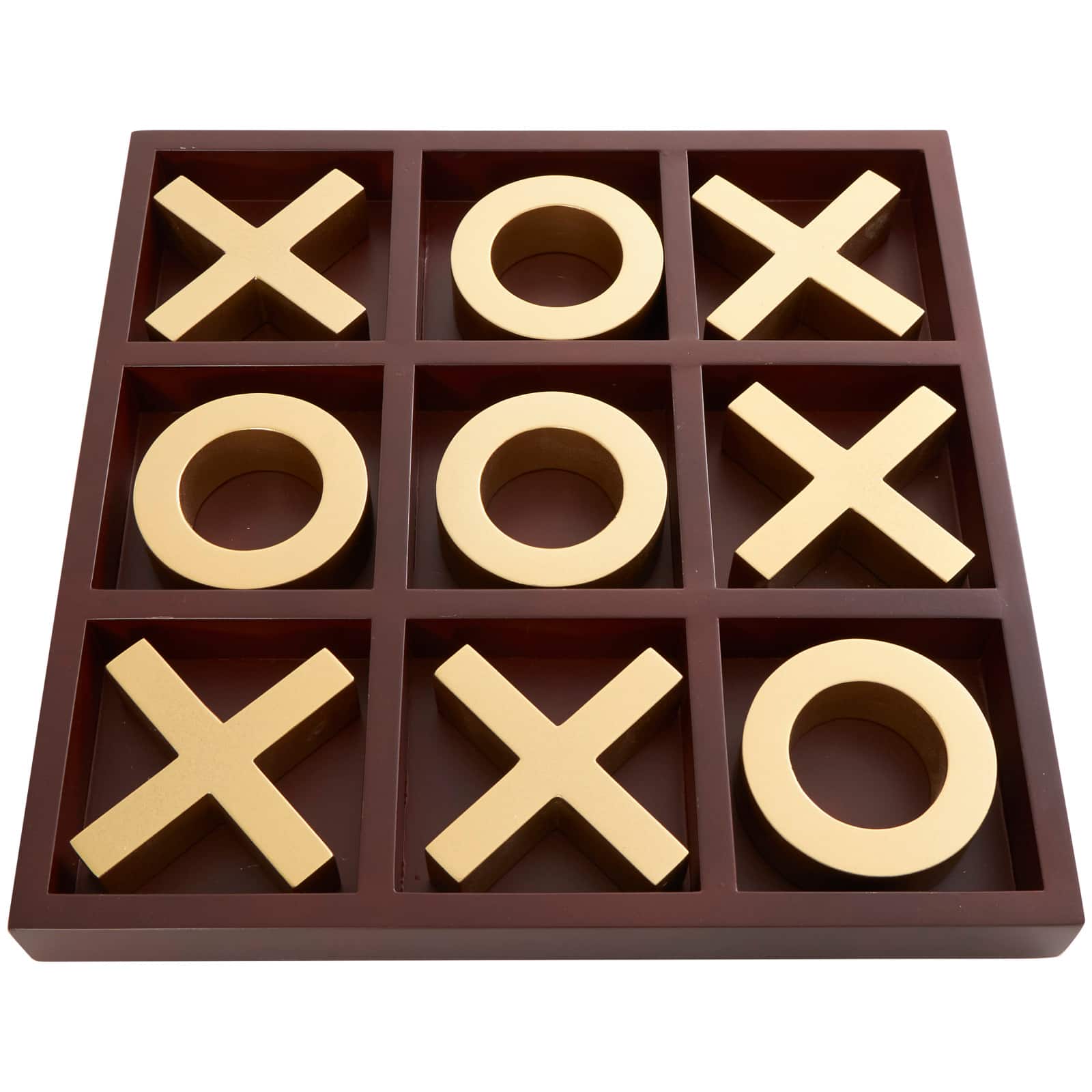 14&#x22; x 14&#x22; Brown Wooden Tic Tac Toe Game Set with Gold X &#x26; O Pieces