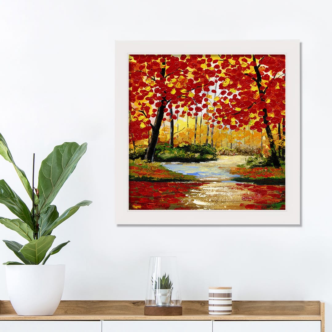 Red &#x26; Orange Autumn Leaves in White Frame