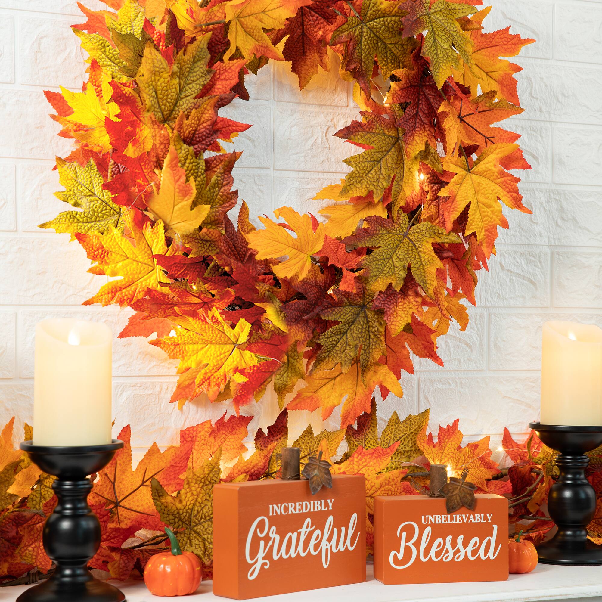 Glitzhome&#xAE; Lighted Fall Maple Leaves Garland &#x26; Wreath Set