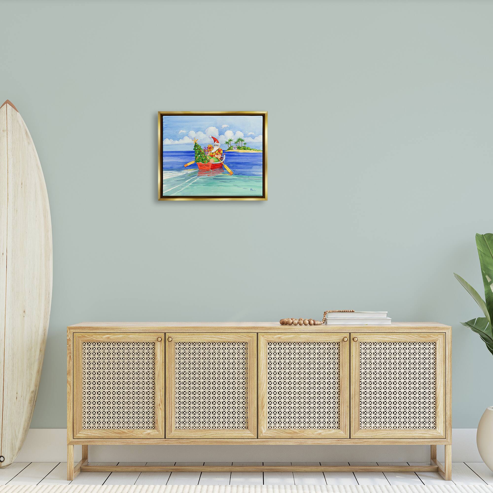 Stupell Industries Santa's Delivery Tropical Christmas Boat Gold Framed Floater Canvas Wall Art