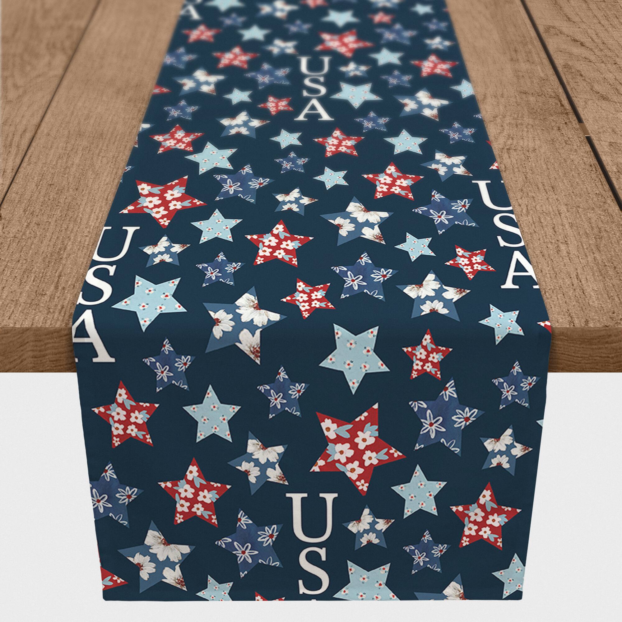 90" Floral Stars Pattern Cotton Twill Table Runner