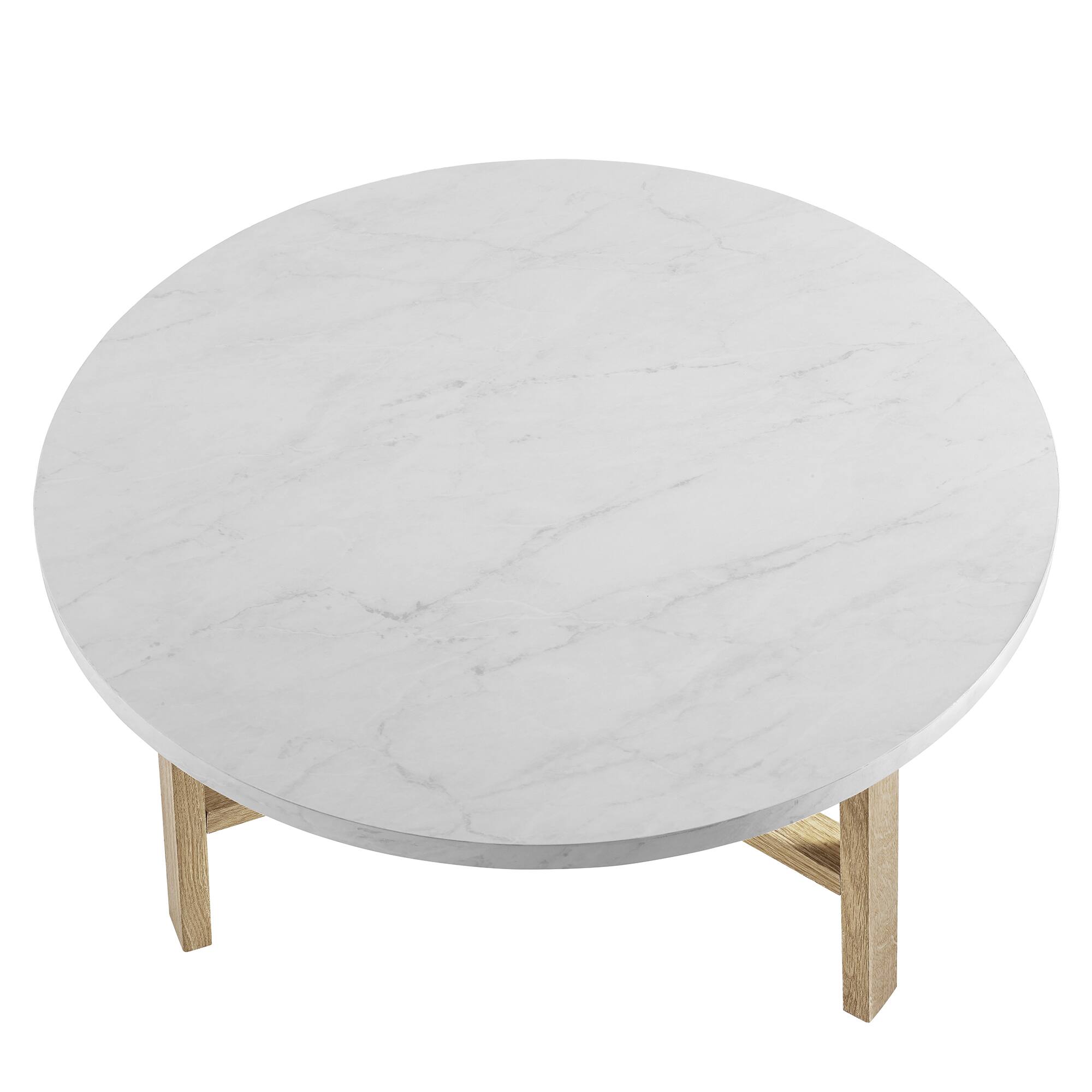 Faux White Marble &#x26; Light Oak Mid Century Modern Round Coffee Table