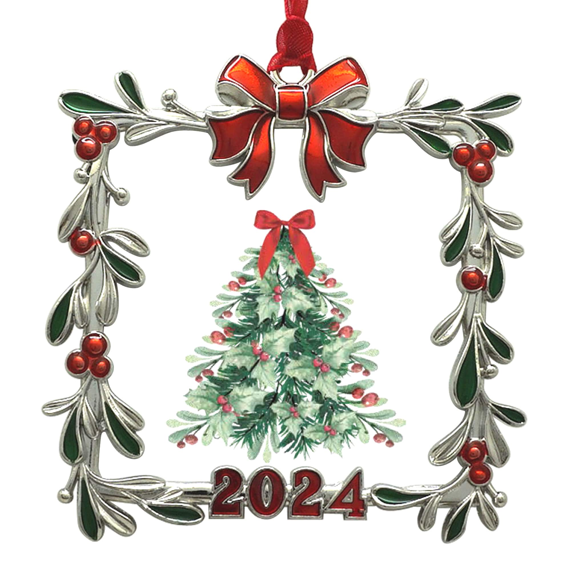 2.5&#x22; x 2.5&#x22; Silver Mistletoe with Bow 2024 Ornament Frame by Studio D&#xE9;cor&#xAE;