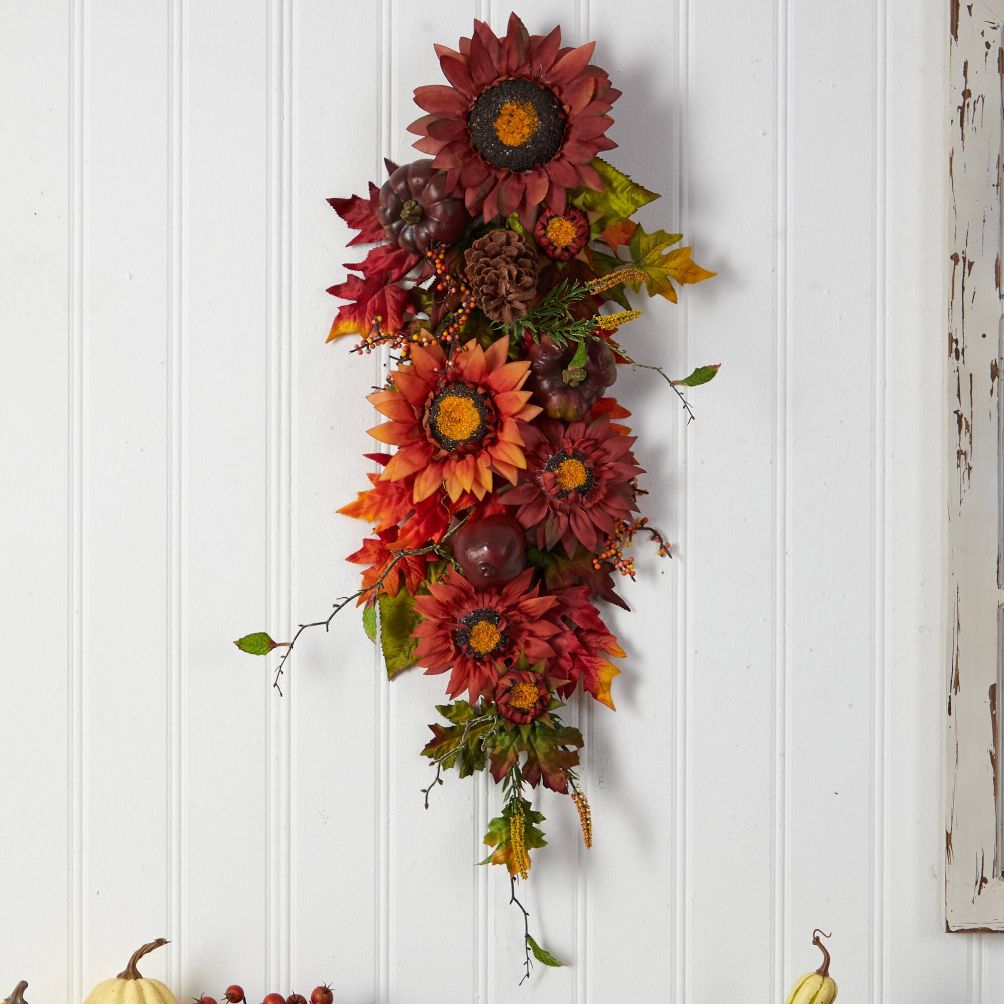 35" Sunflower, Pumpkin & Berries Autumn Teardrop Swag