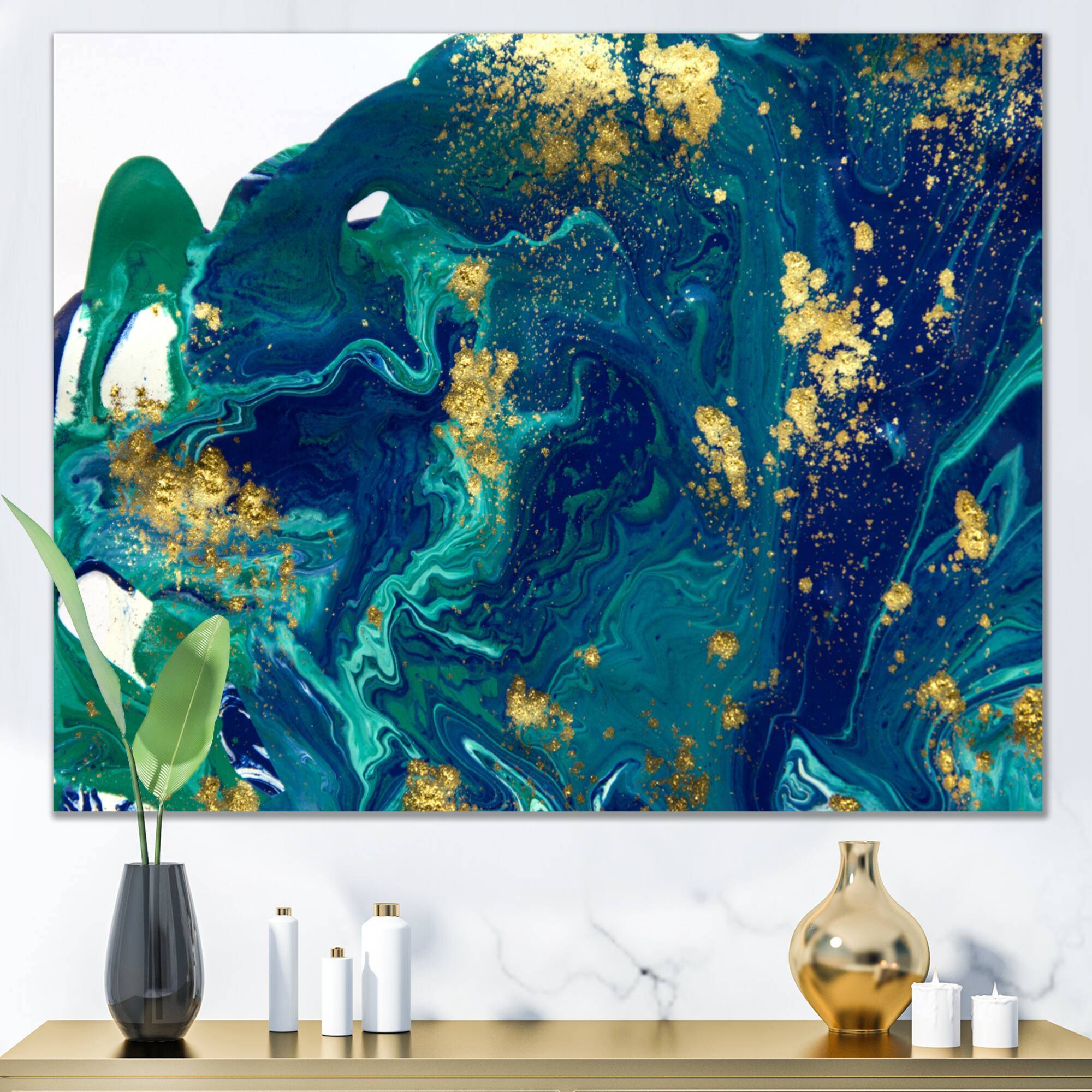 Designart - Golden Marble On Dark Blue Universe - Modern Canvas Wall Art Print