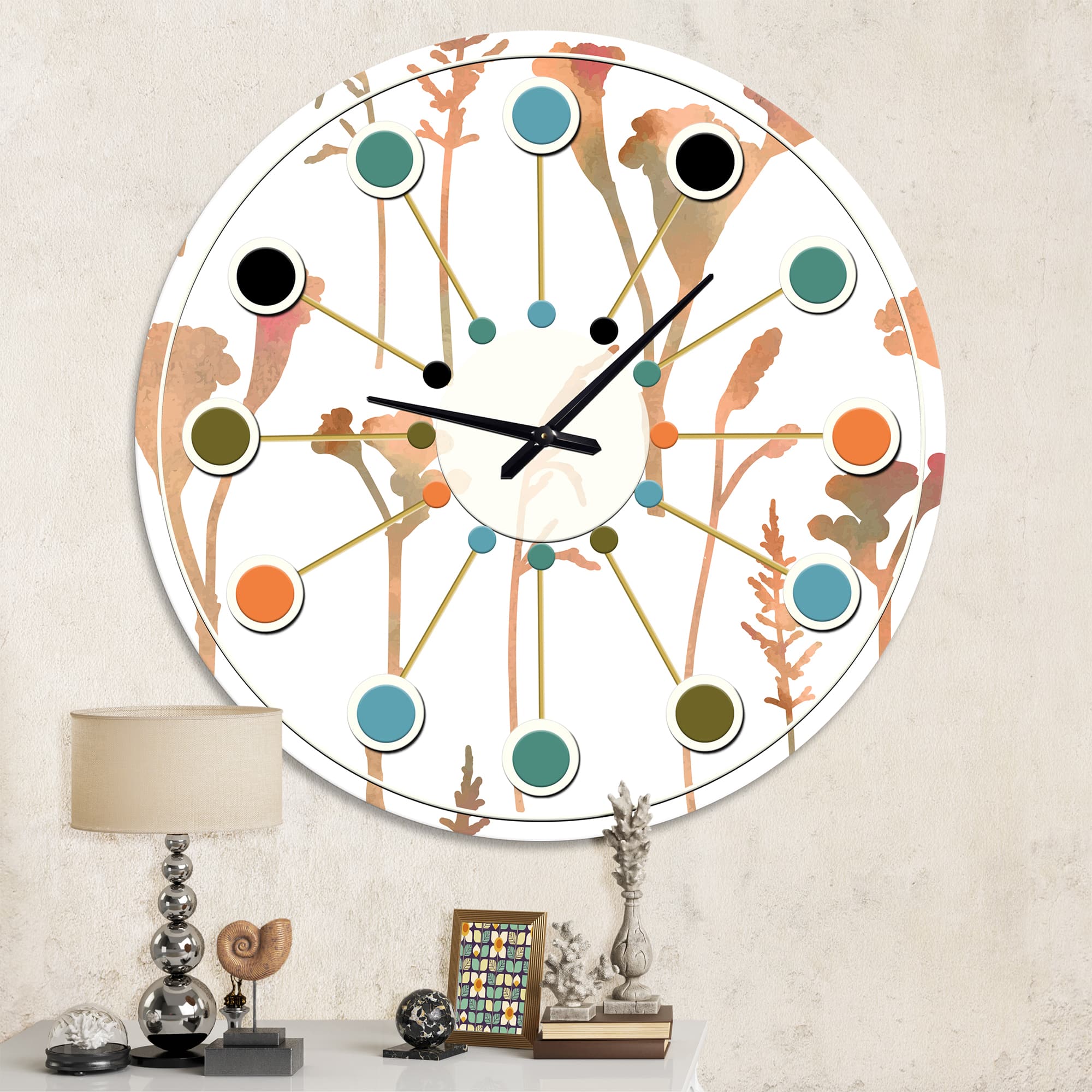 Designart &#x27;Retro Handdrawn Flowers I Mid-Century Modern Wall Clock