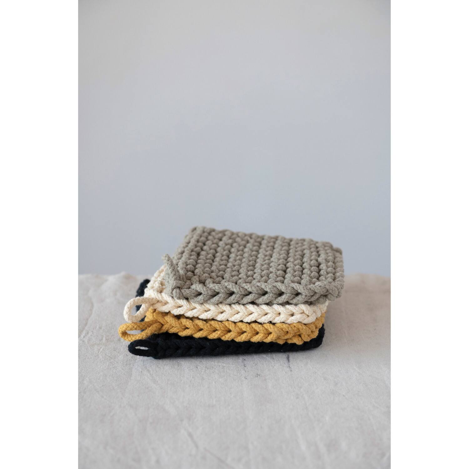 Hello Honey® 8" Black, Gray, Cream & Yellow Square Cotton Crocheted Pot Holder Set