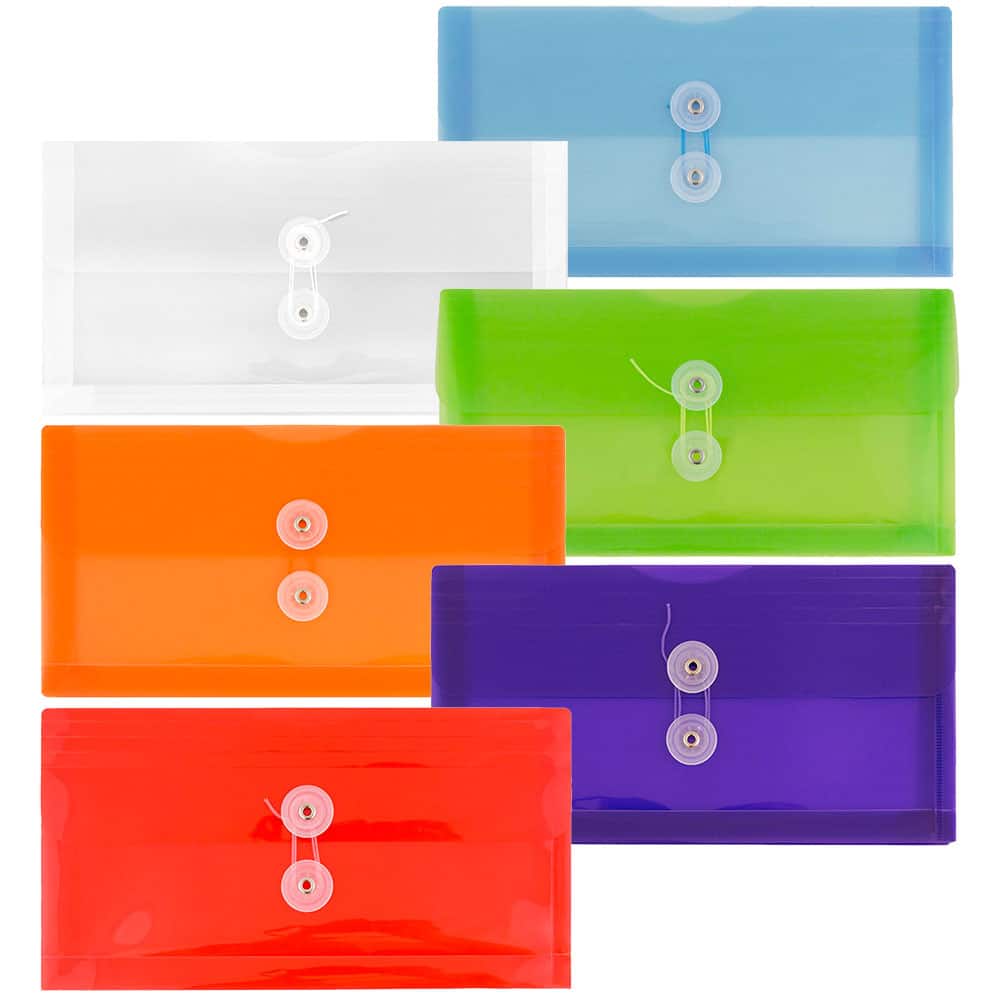 JAM Paper 5.25" x 10" Assorted Button & String Tie Closure Plastic Envelopes, 6ct.