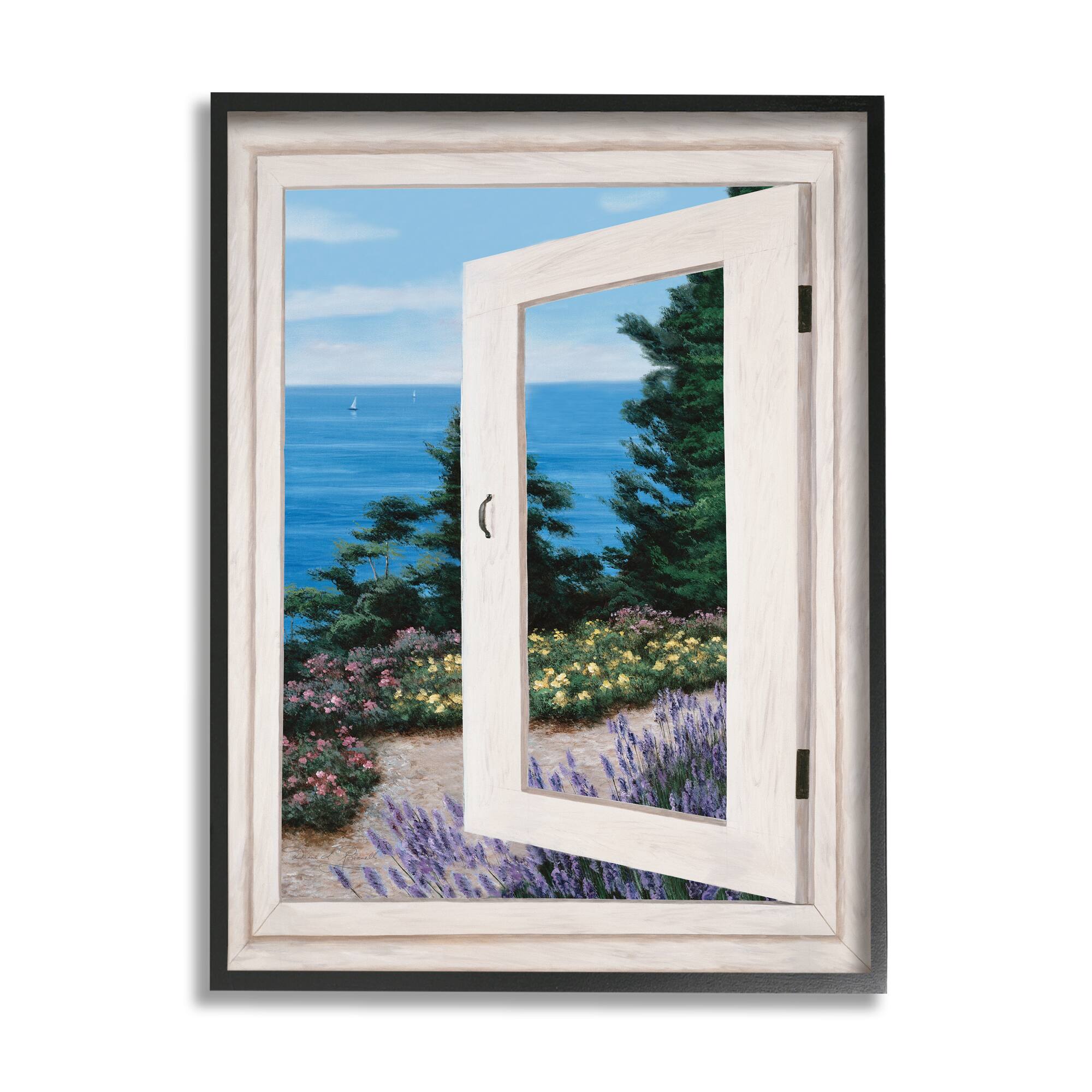 Stupell Industries Coastal View From Window Distant Boats on Ocean in Frame Wall Art