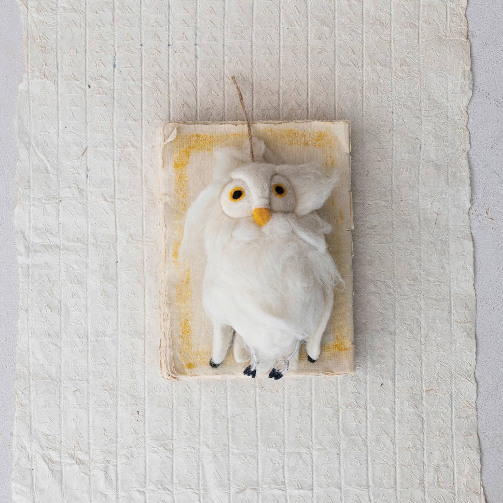 Hello Honey&#xAE; 8&#x22; White, Yellow &#x26; Black Handmade Wool Felt Owl Ornament with Embroidery