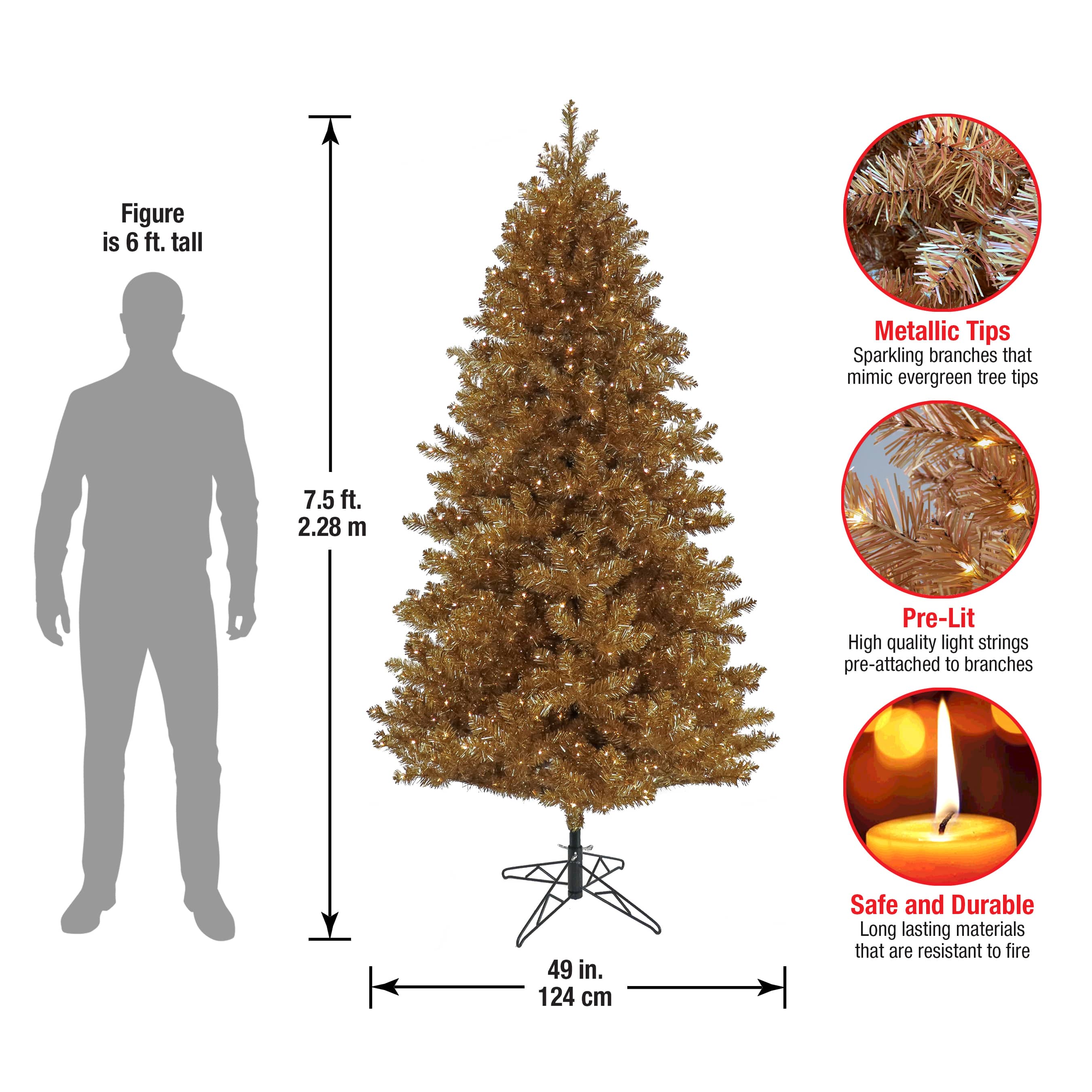 7.5ft. Pre-Lit True Gold Metallic Artificial Christmas Tree, Clear LED Infinity Lights&#xAE;