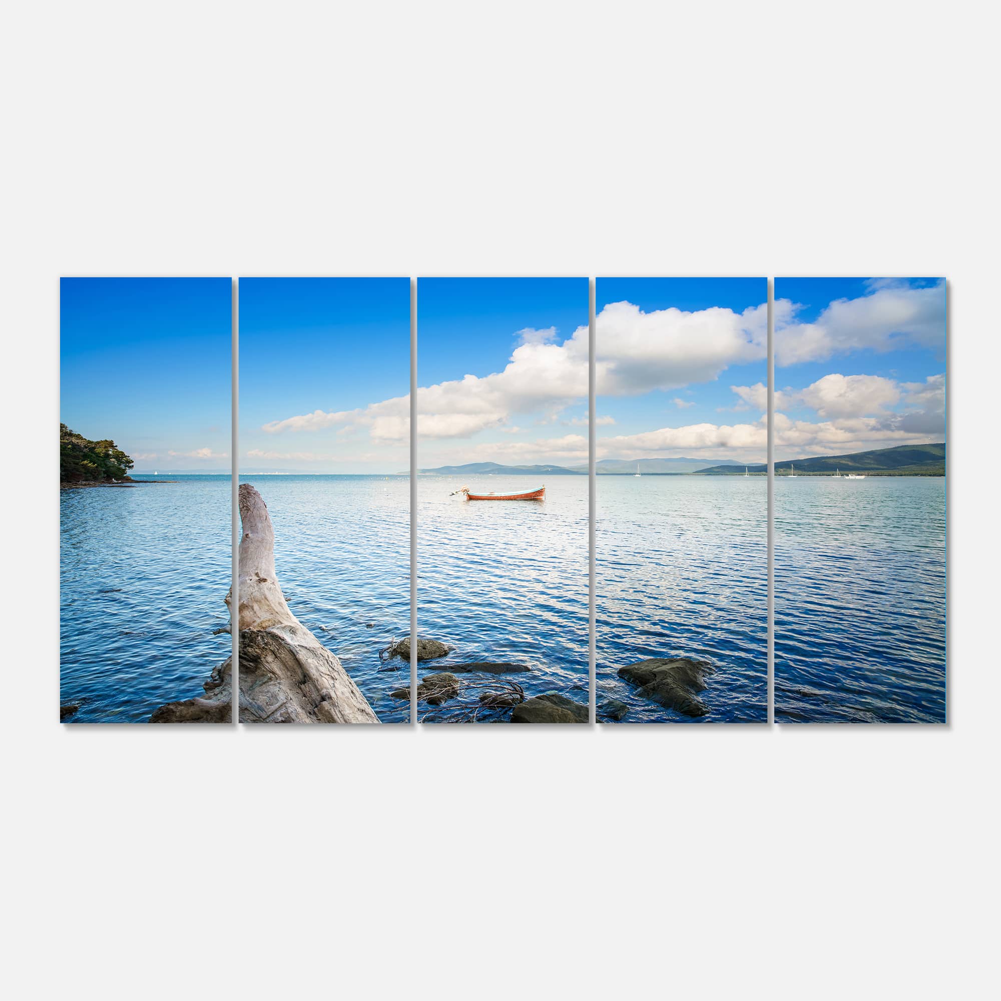 Designart - Small Wooden Boat and Tree Trunk - Extra Large Seashore Canvas Art