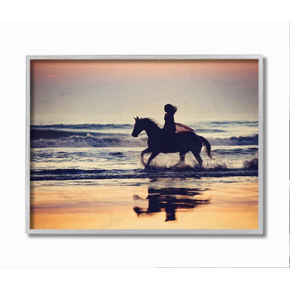 Stupell Industries Sunset Beach Horseback Rider Female Silhouette in Gray Frame Wall Art