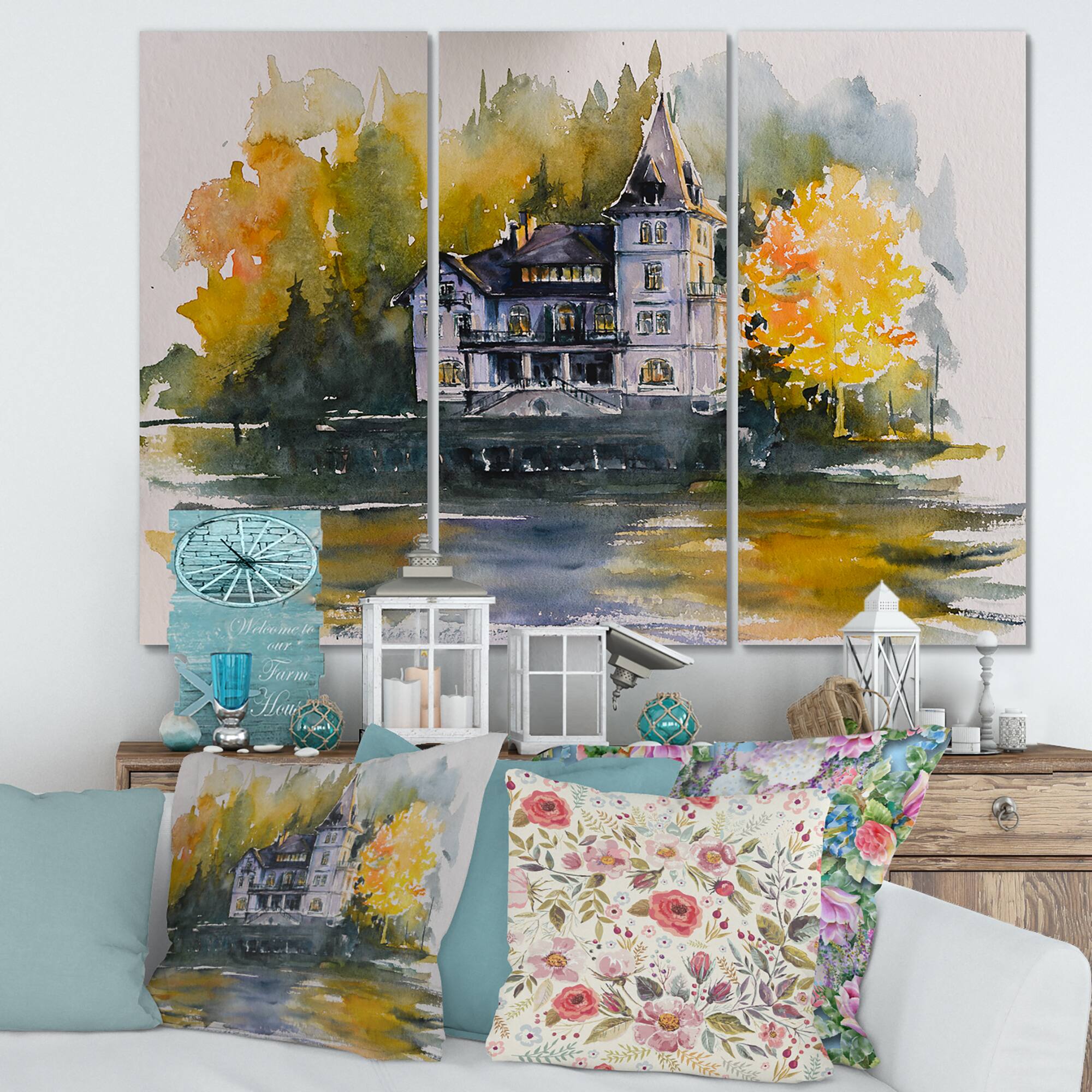 Designart - Castle By The Lake With Autumn Trees