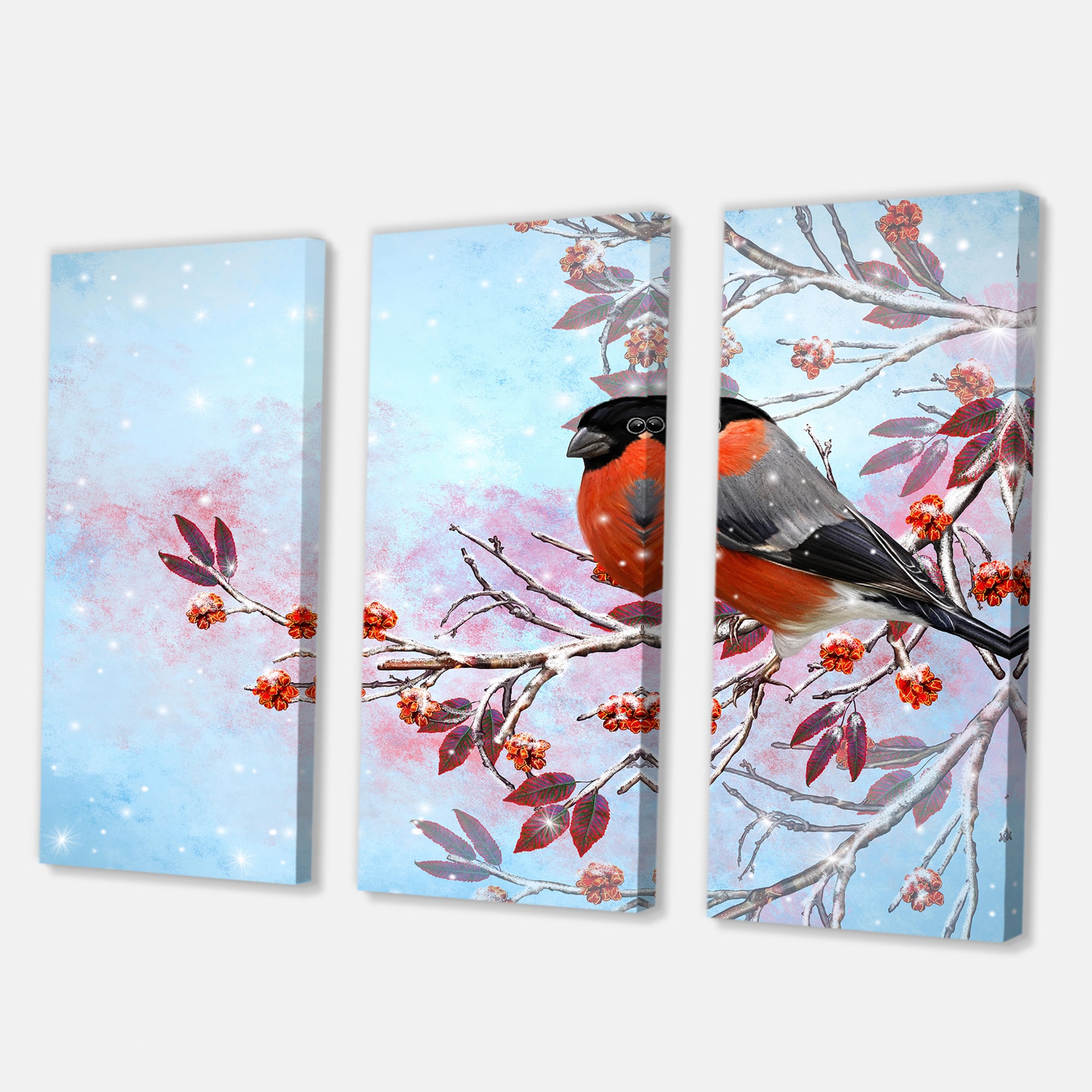 Designart - Two Bright Bird Bullfinch Bird Sitting On A Branch - Traditional Canvas Wall Art Print