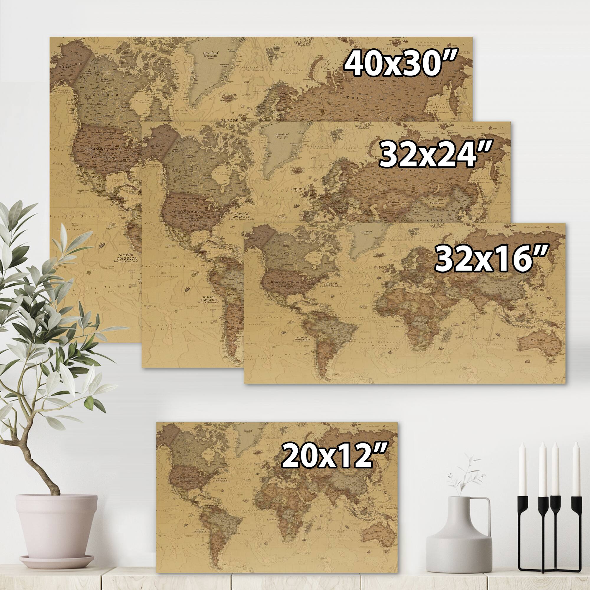 Designart - Ancient Map of The World III - Vintage Canvas Wall Art Print