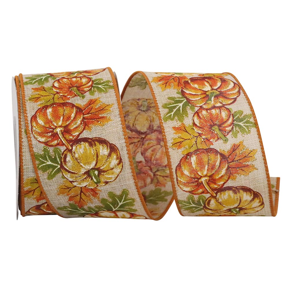 Reliant 2.5" x 10yd. Faux Linen Wired Sparkle Pumpkin Highlights Ribbon