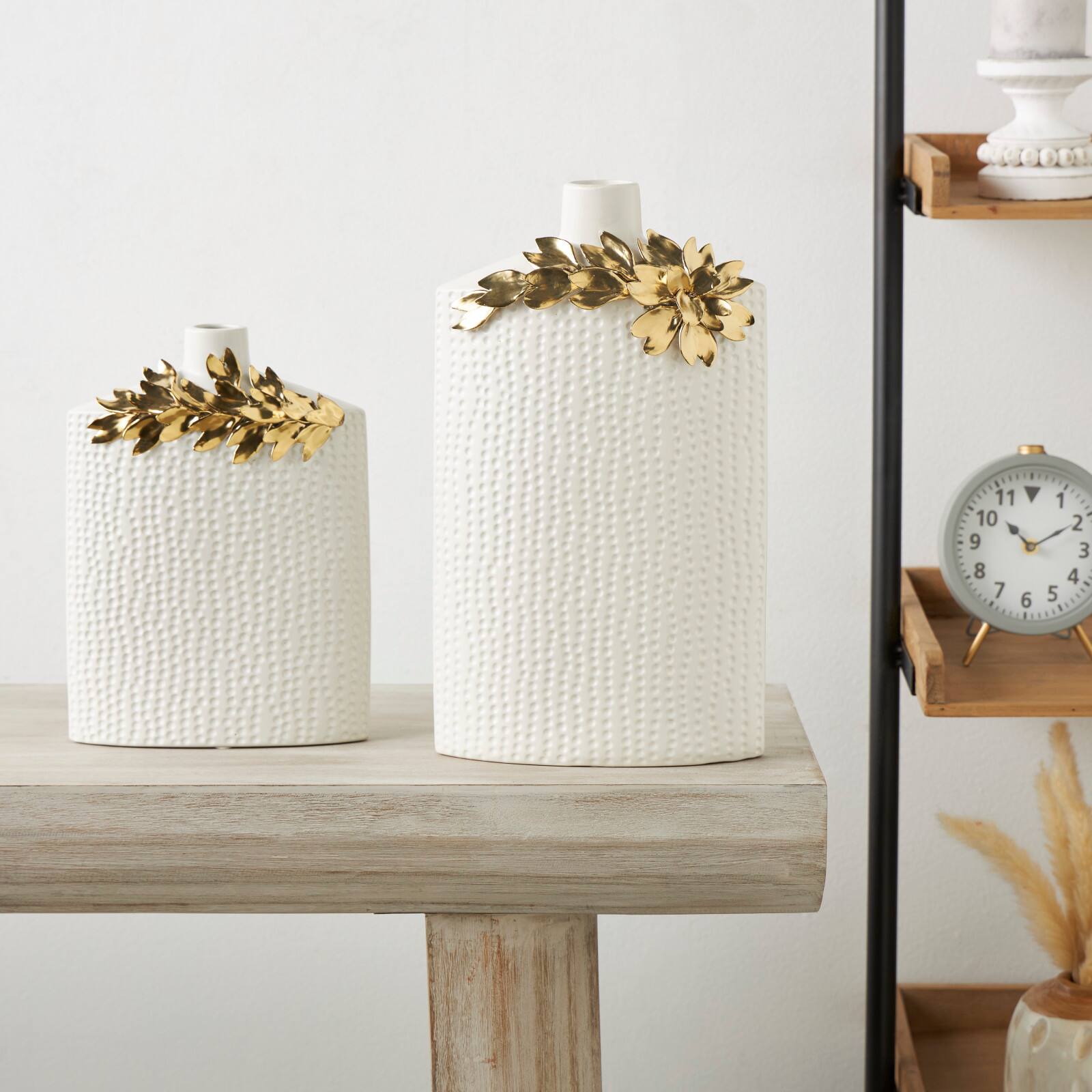 White & Gold Leaf Accent Ceramic Vase Set