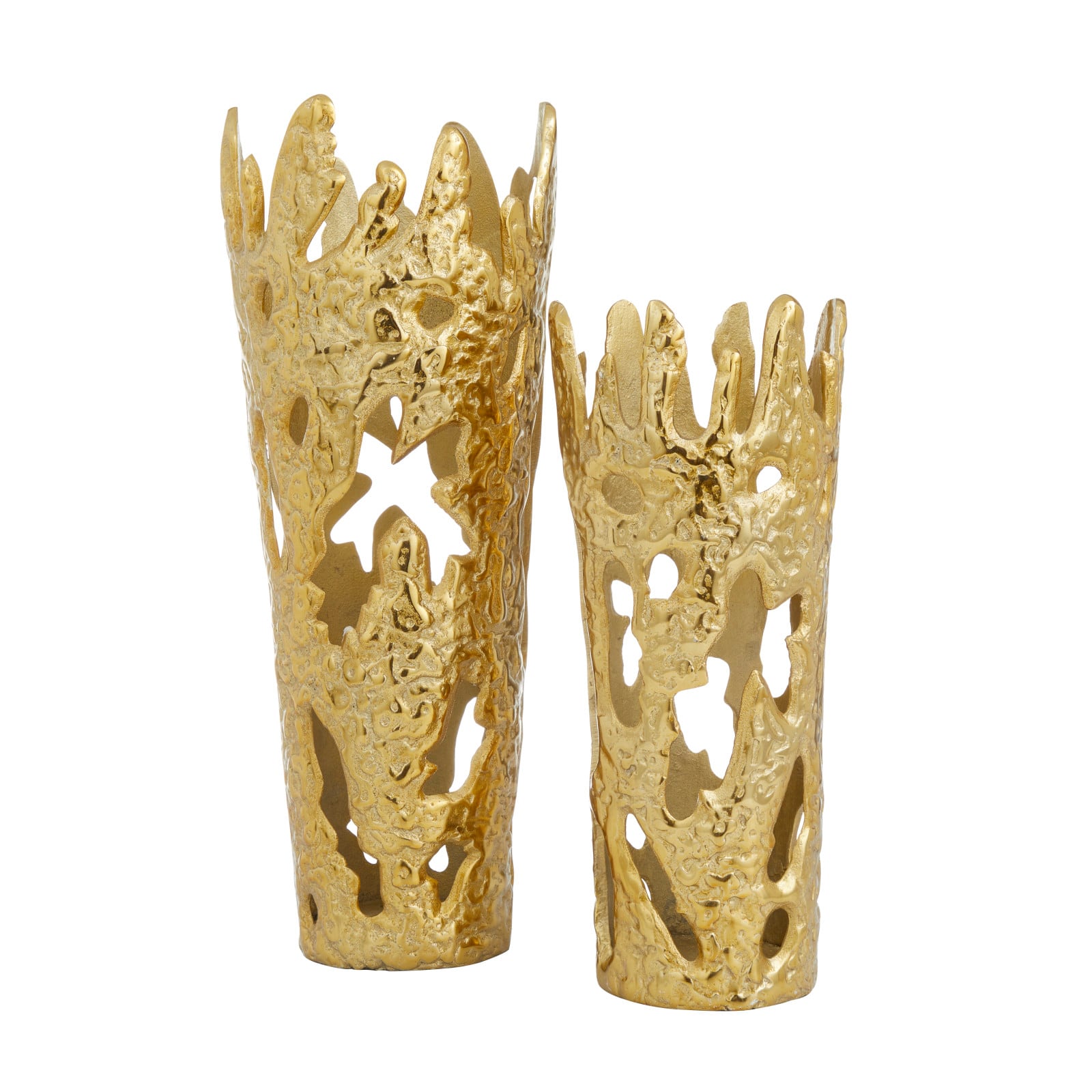 Set of 2 Gold Aluminum Contemporary Vases, 20 x 6 x 7 By Ivory And Iris