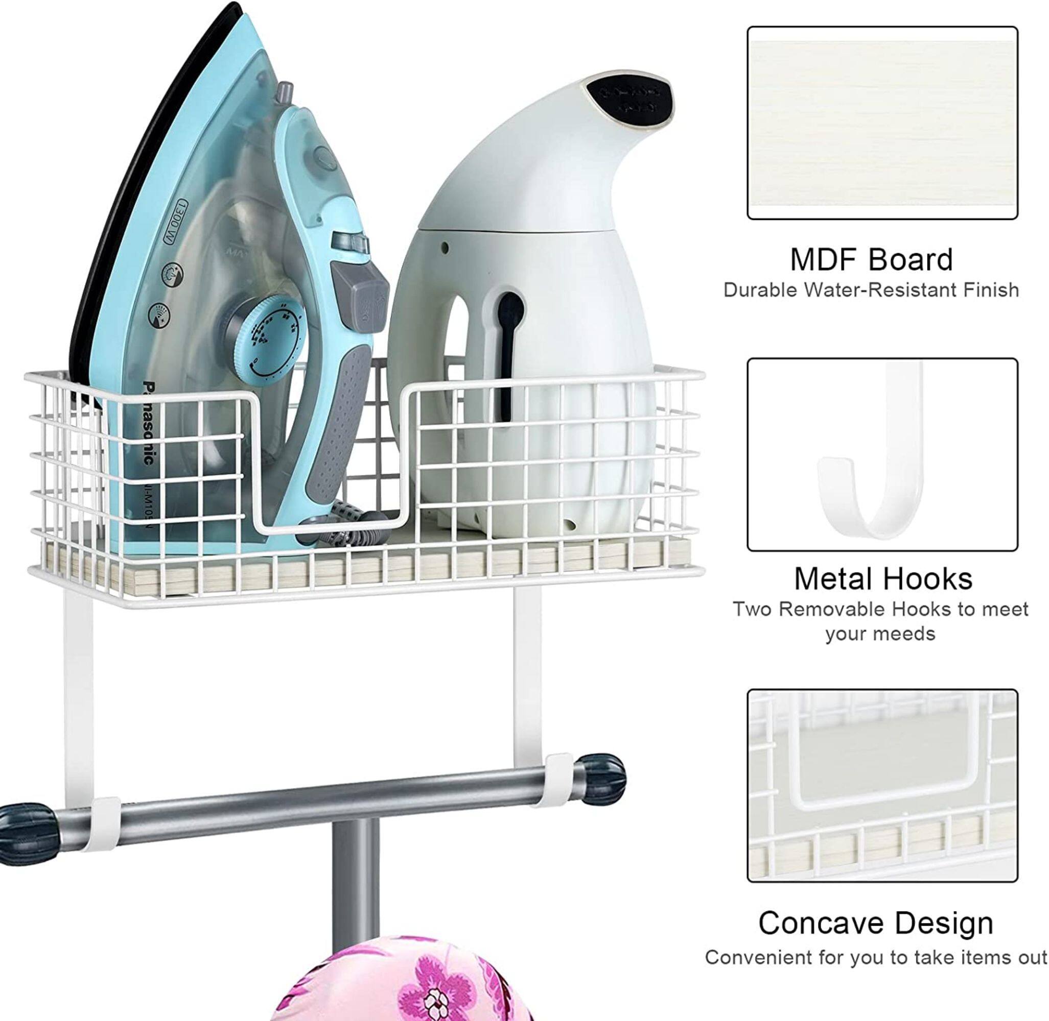 NEX&#x2122; Wall Mounted Ironing Board Hanger for T-Leg with Storage Basket