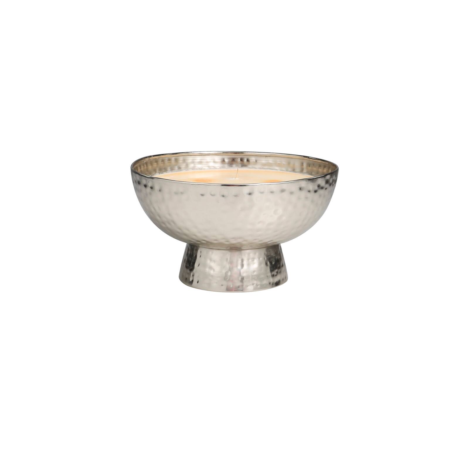 White Wax Jasmine Scented Candle with Elevated Wide Hammered Silver Container