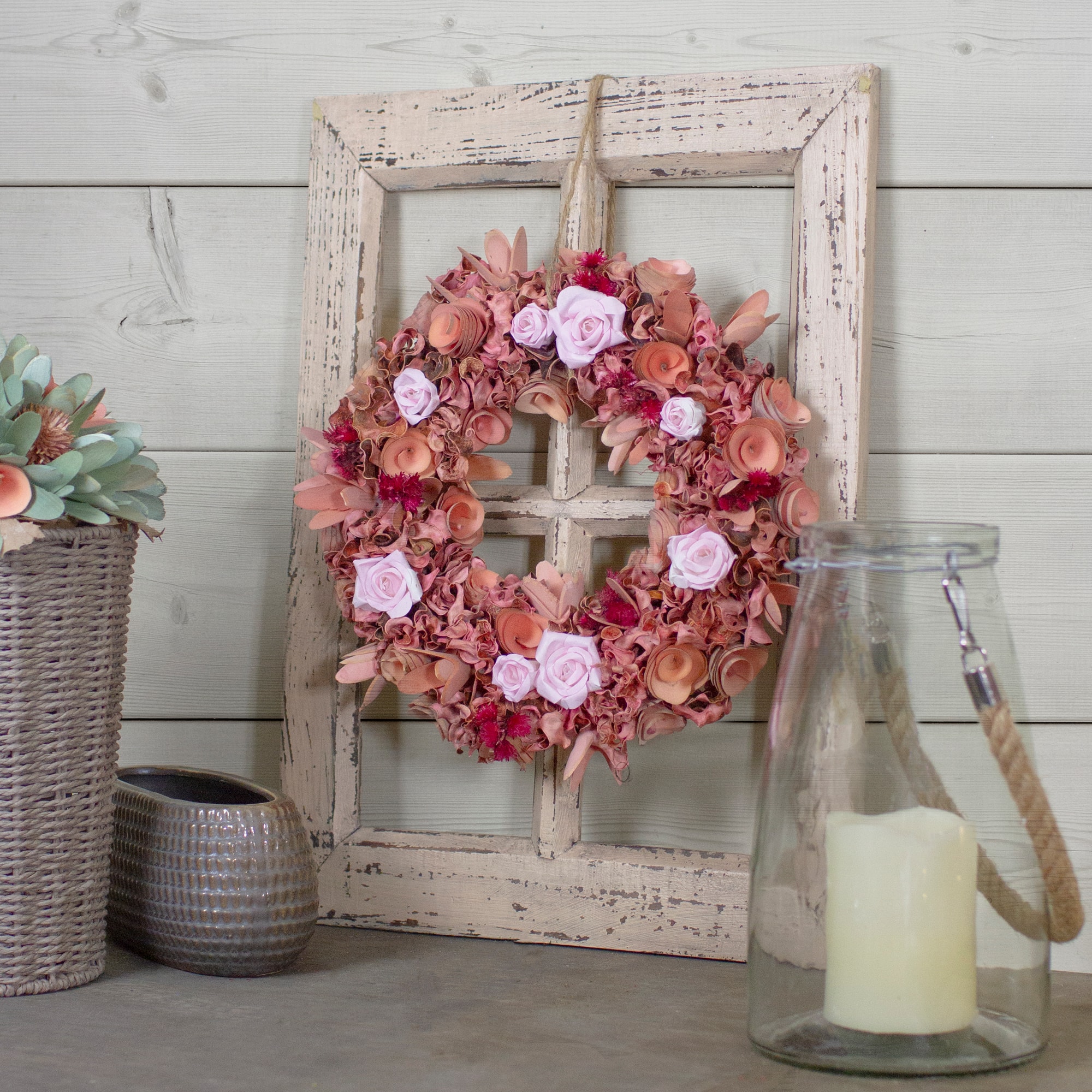 13&#x22; Pink &#x26; Red Flower Wood Spring Wreath