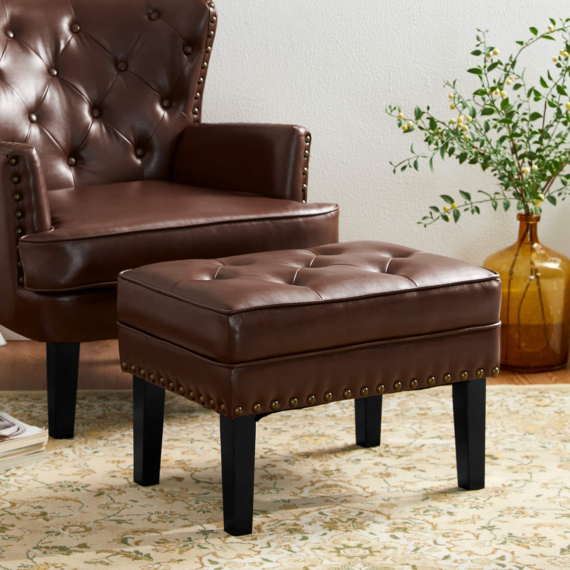 Glitzhome&#xAE; Mid-Century Modern Leatherette Button-Tufted Accent Stool