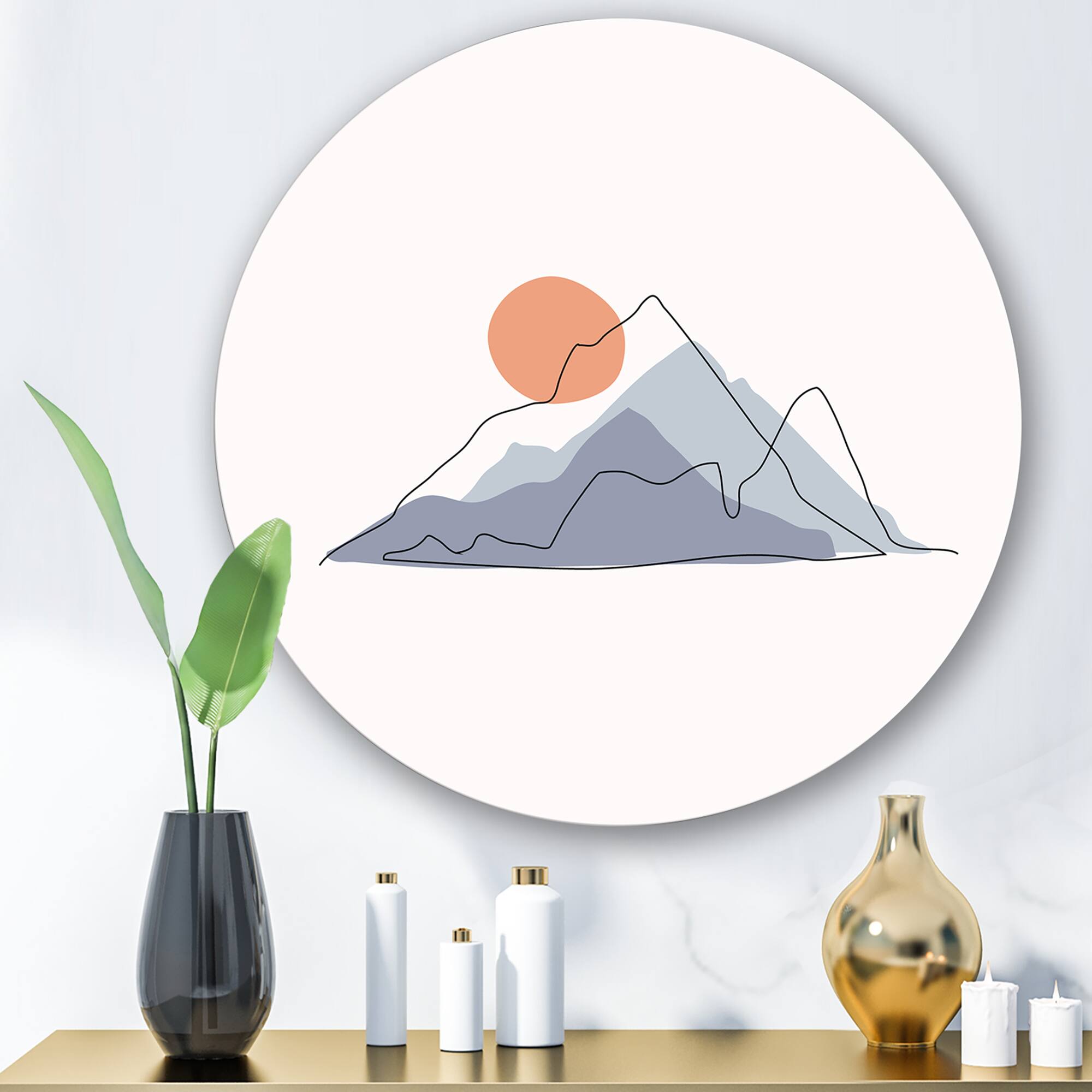 Designart - Abstract Mountainscape With Red Moon - Modern Metal Circle Wall Art