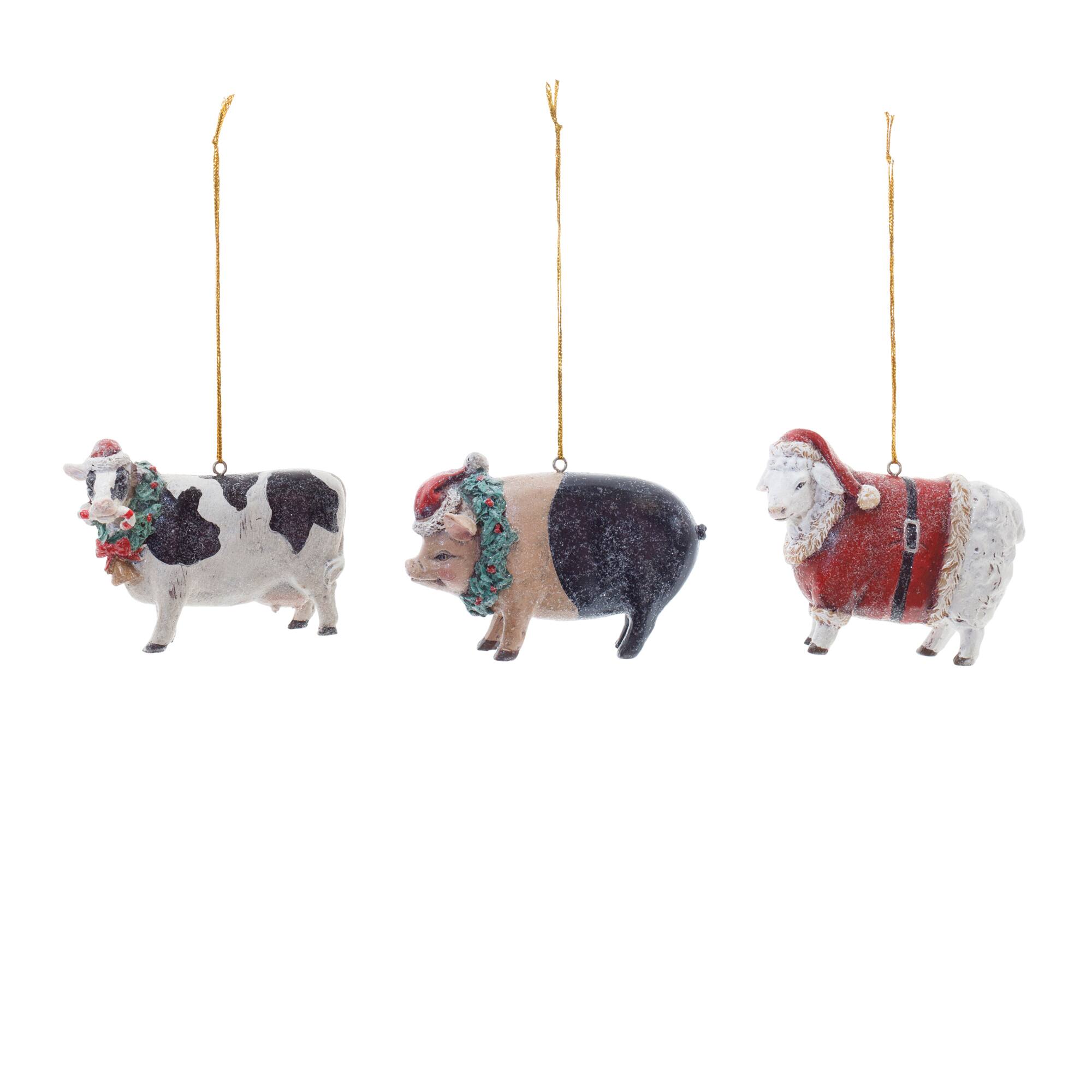 3.5&#x22; Glittered Holiday Farm Animal Ornament Set