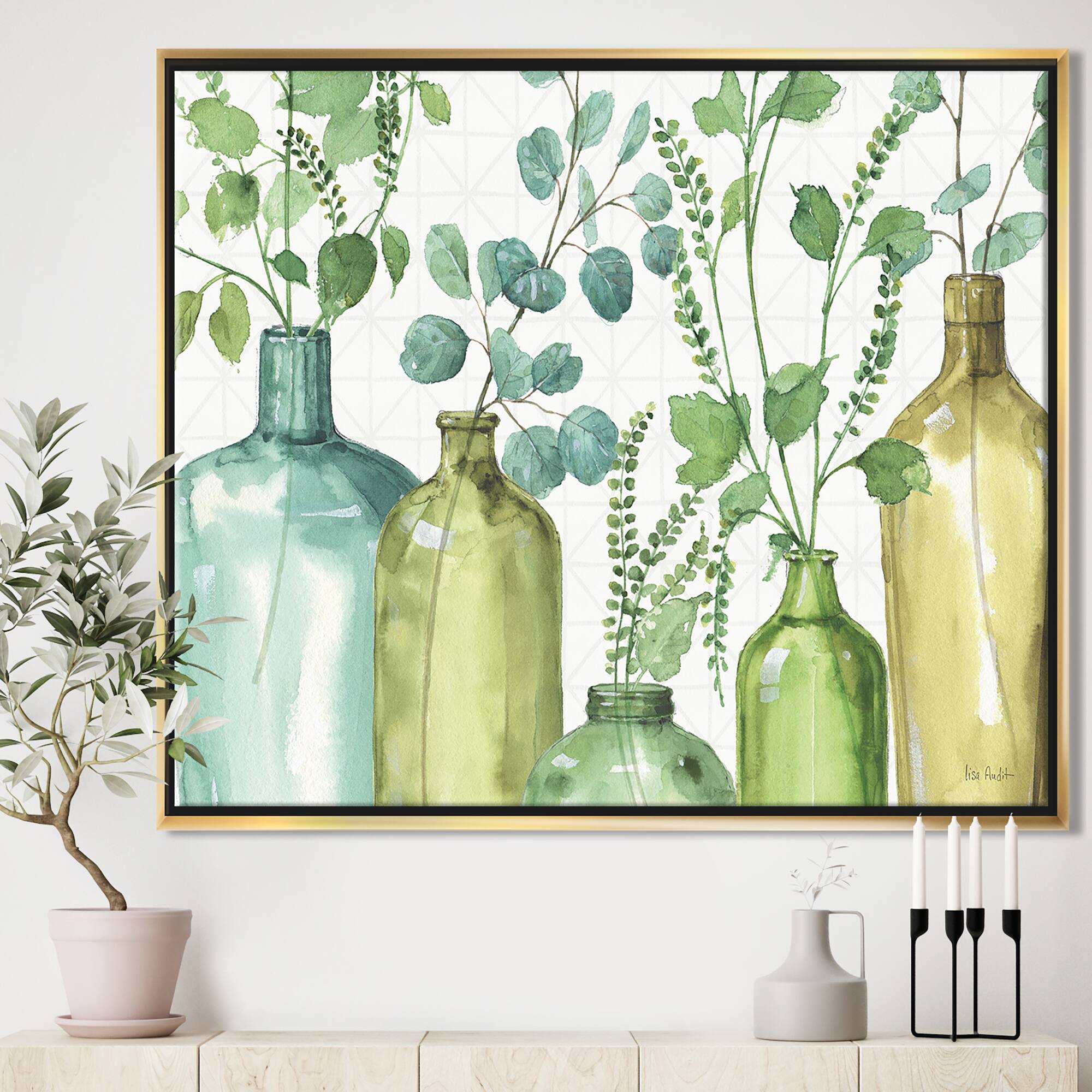Designart - Mixed Botanical Green Leaves I0 - Cottage Canvas in Gold Frame