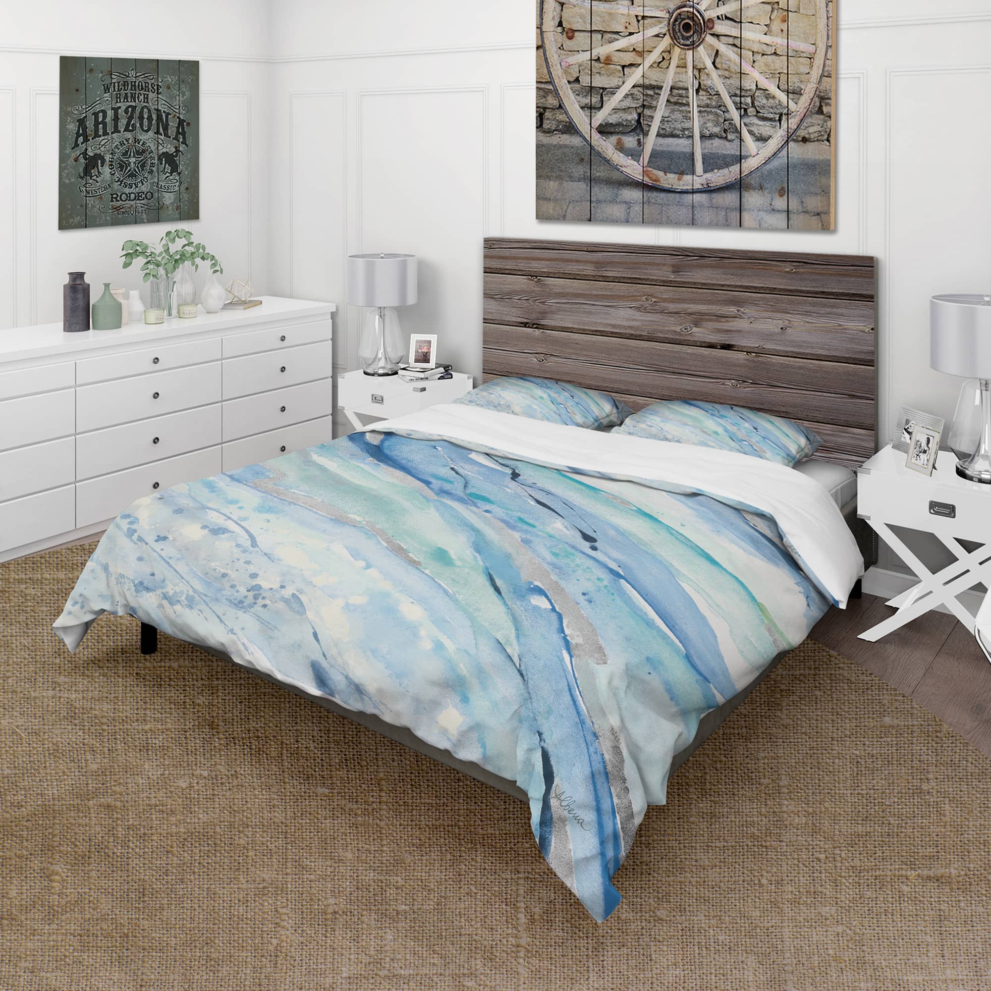 Designart &#x27;Blue Silver Spring I&#x27; Farmhouse Bedding Set - Duvet Cover &#x26; Shams
