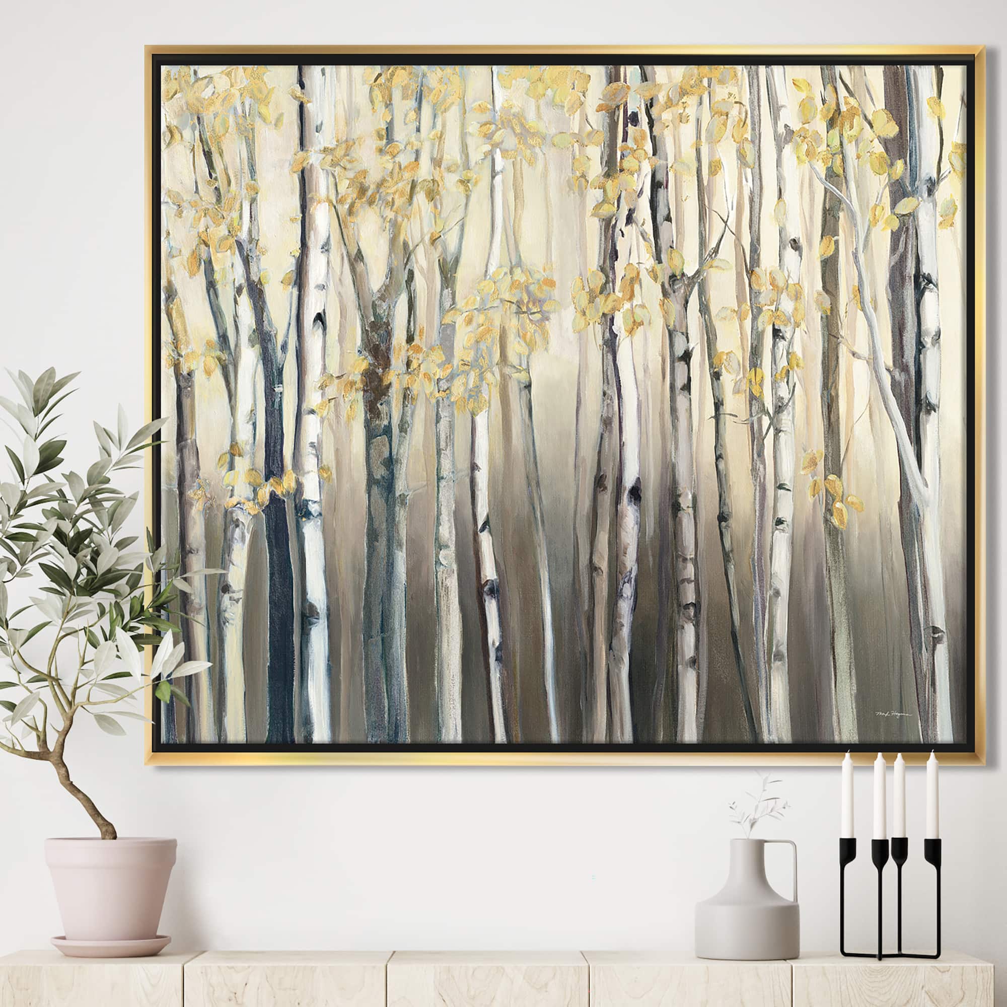 Designart - Golden Birch Forest I - Landscapes Canvas in Gold Frame