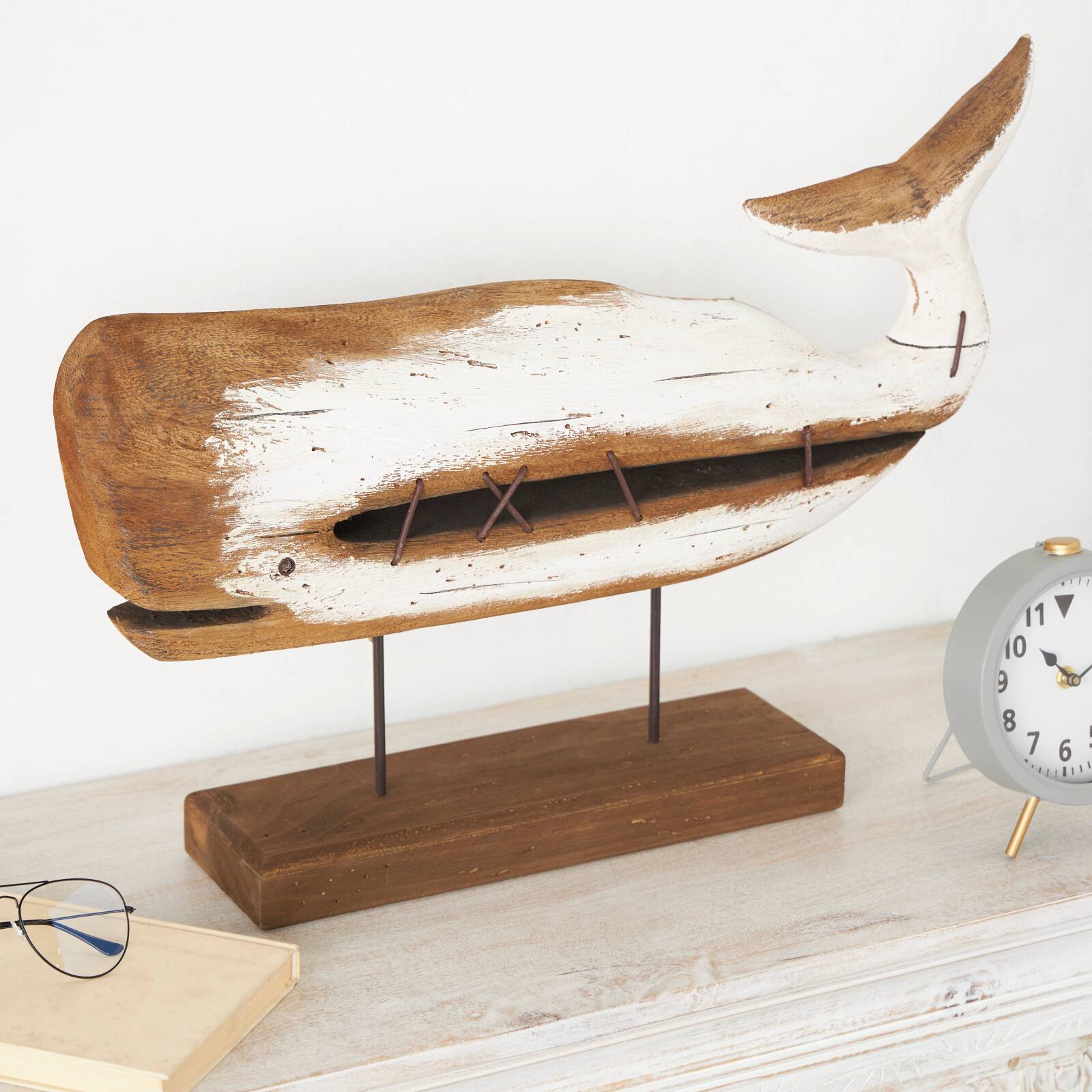 18.5" Brown & White Handmade Whale Sculpture Décor