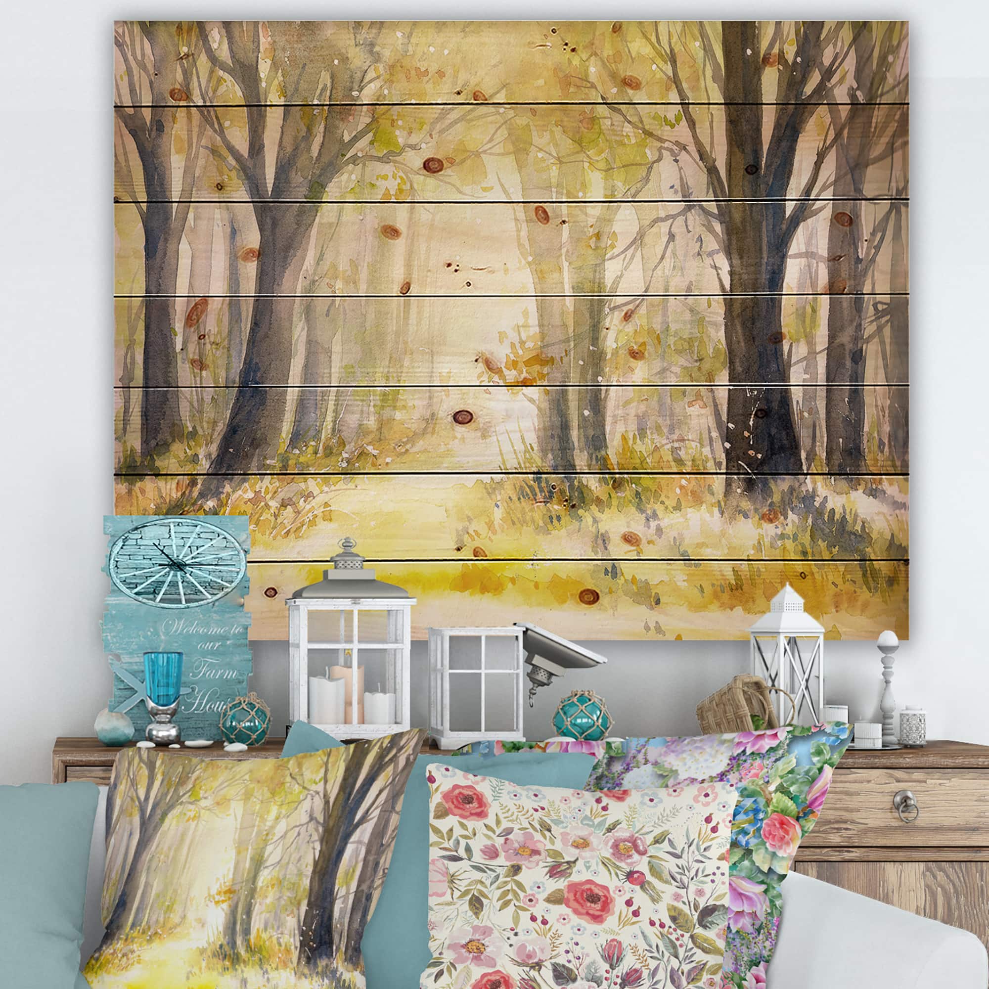 Designart - Bright Sunshine Through The Forest Trees I - Traditional Print on Natural Pine Wood