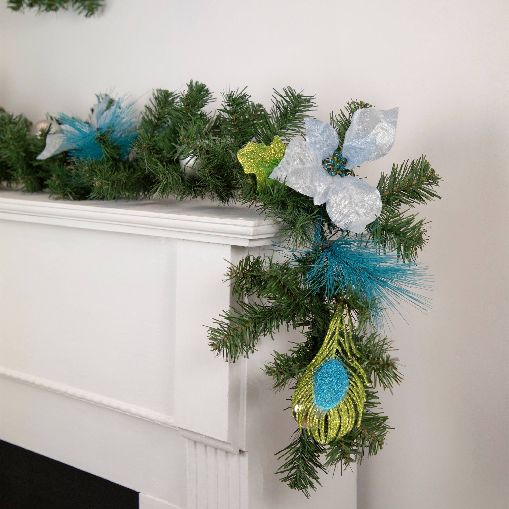 Pre-Decorated Peacock Feathers &#x26; Poinsettias Artificial Garland, Unlit