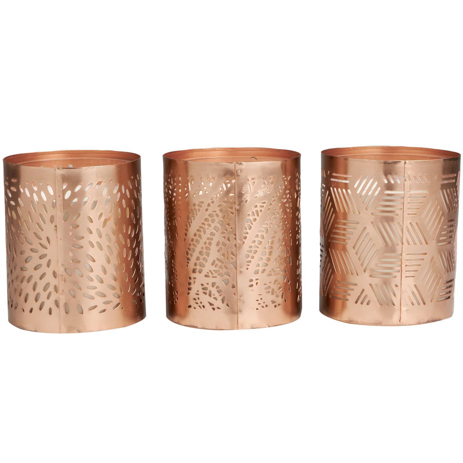 White Wax Campfire Scented Candle with Geometric Copper Containers, 3ct.
