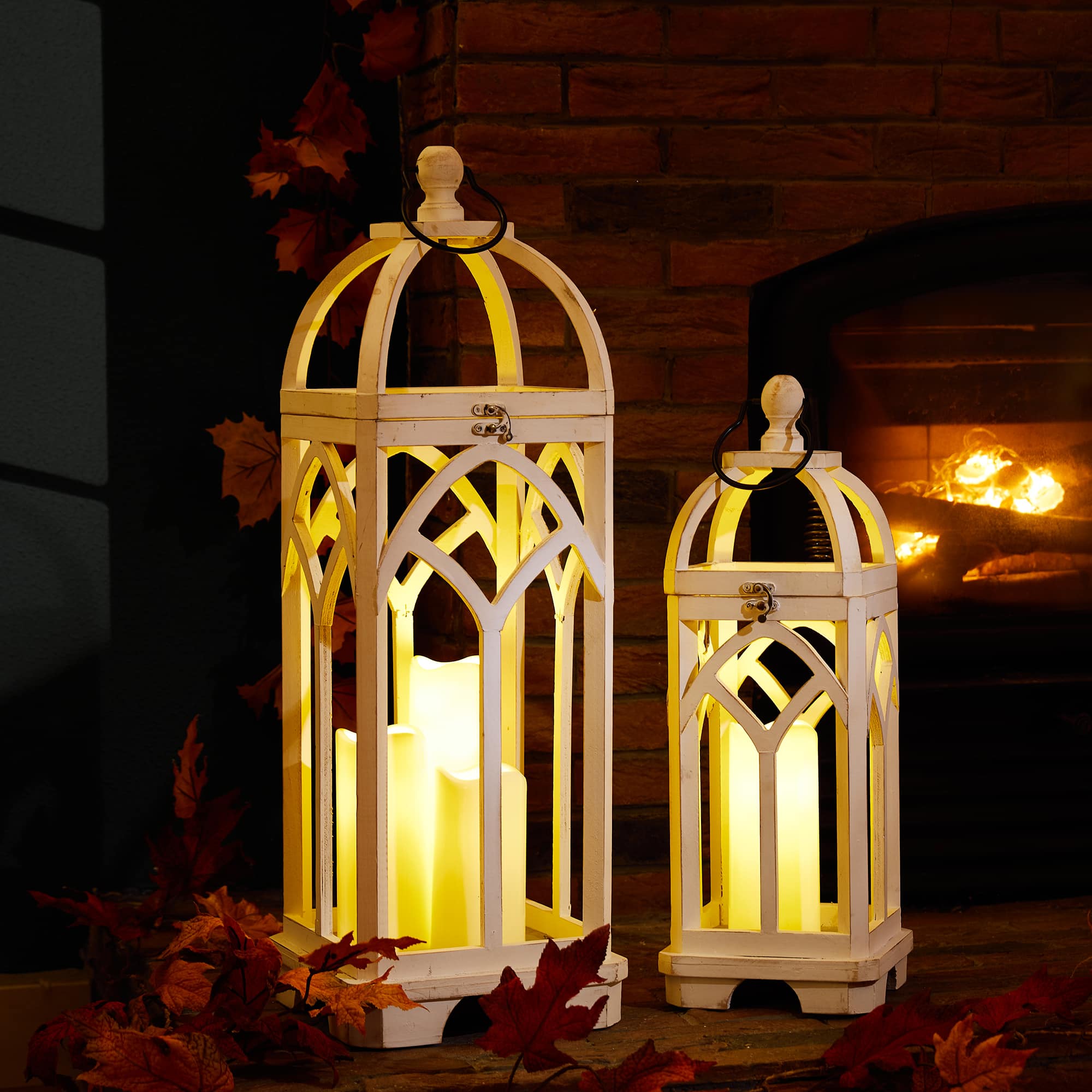 Glitzhome&#xAE; Wash White Farmhouse Wooden Church Window Frame Lanterns, 2ct.