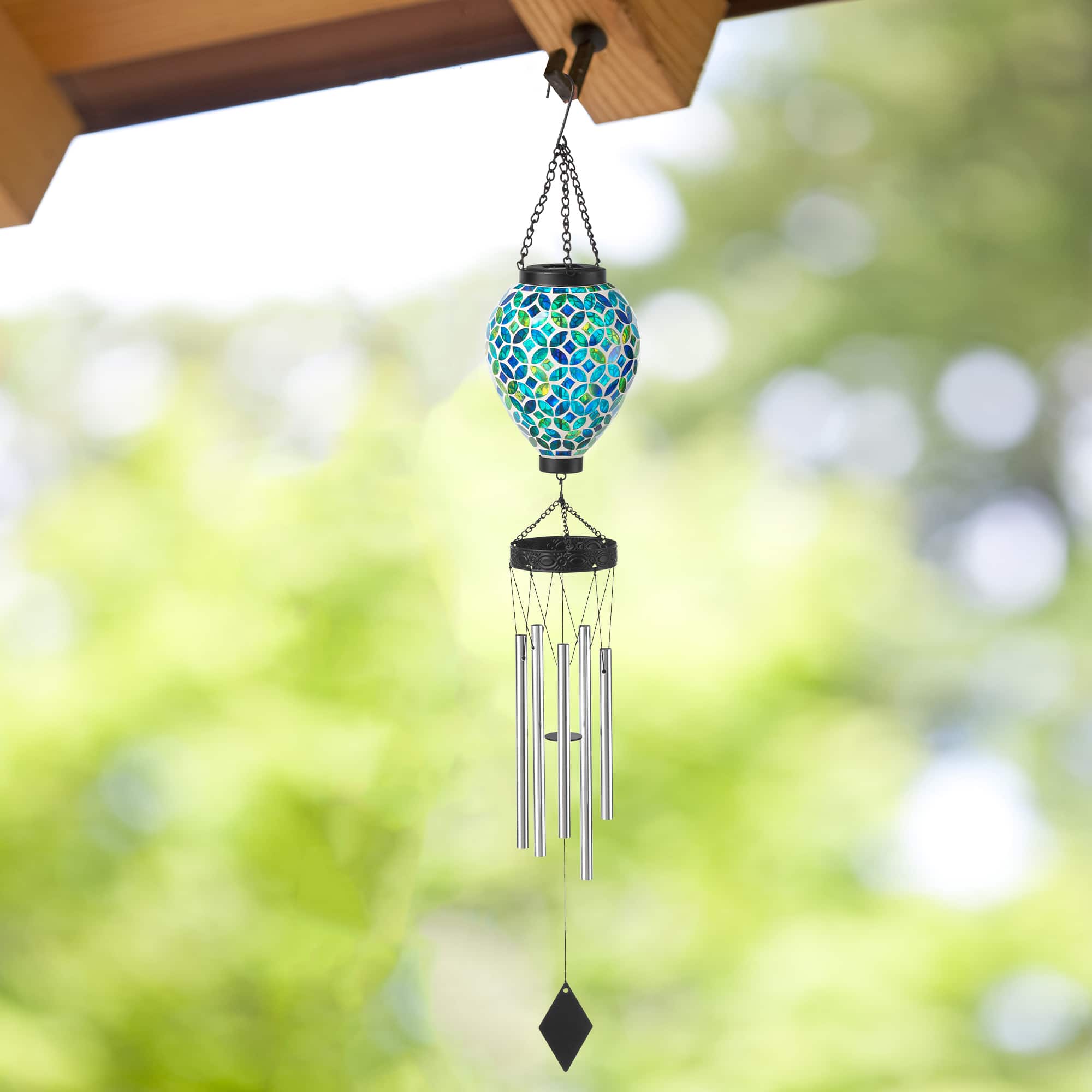 Glitzhome® 37" Blue & Green Solar Lighted Metal & Glass Mosaic Windchime
