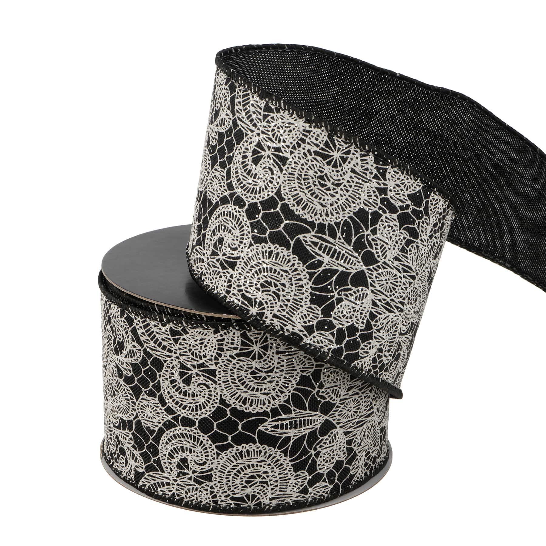 2.5&#x22; x 20ft. Black &#x26; White Wired Floral Lace Ribbon by Celebrate It&#xAE; Halloween