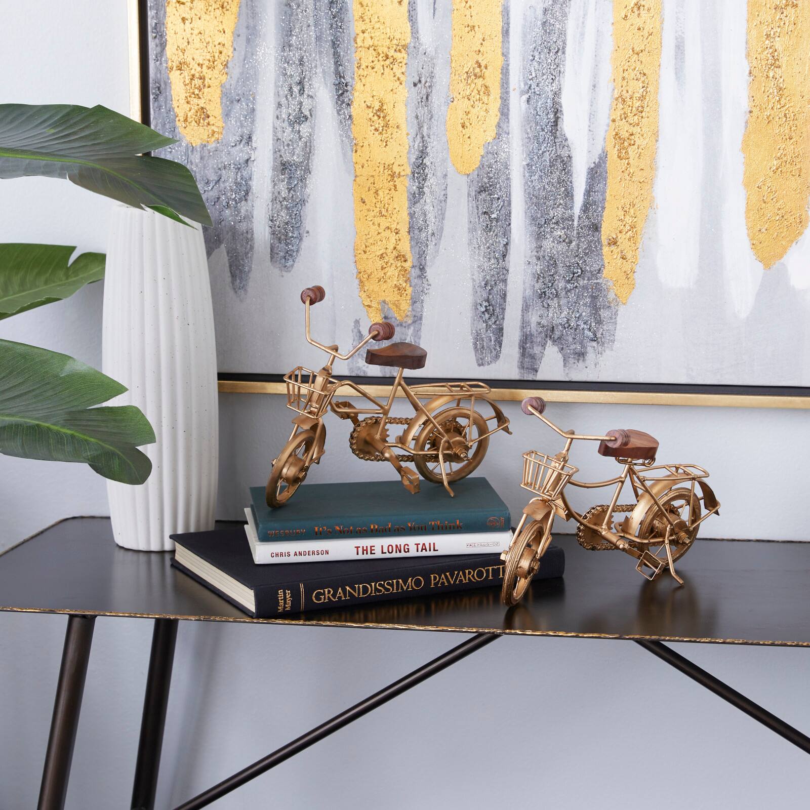 11" Gold Metal Bike Sculpture with Wood Accents Set