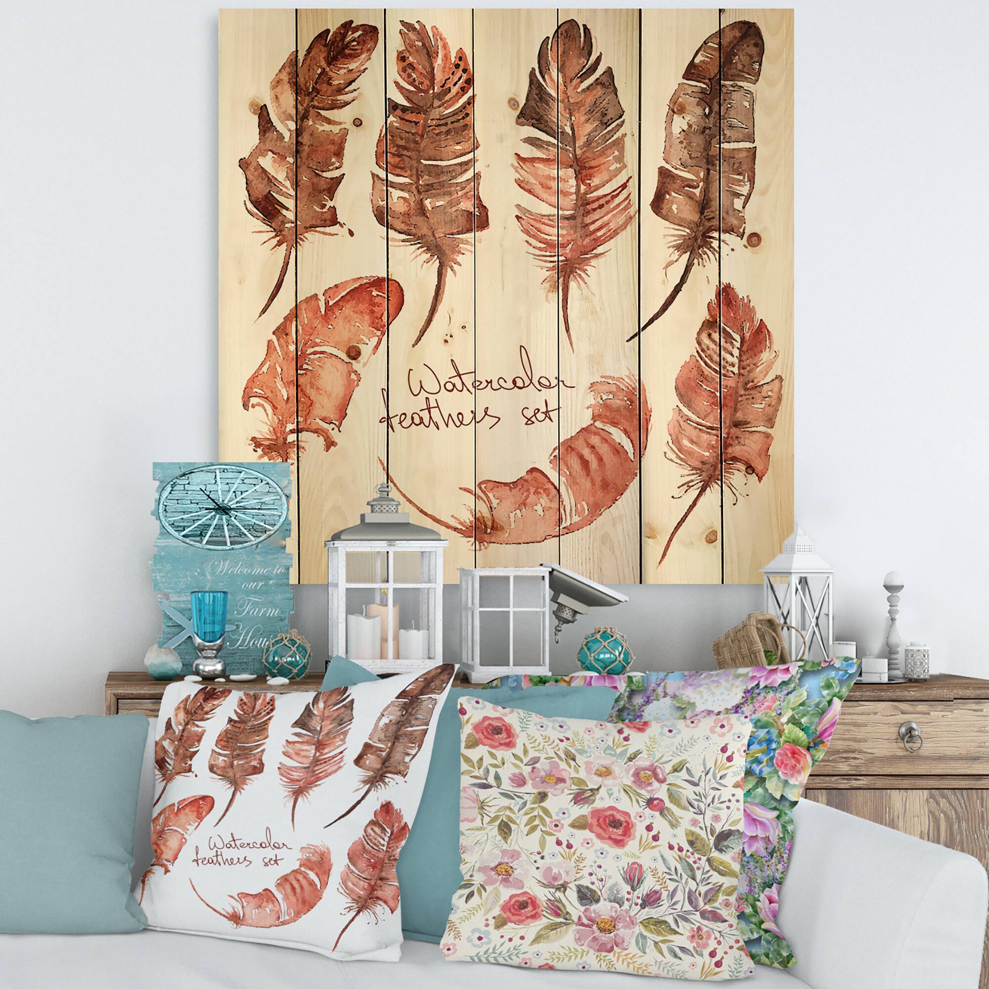 Designart - Boho Feather Icons - Bohemian &#x26; Eclectic Print on Natural Pine Wood