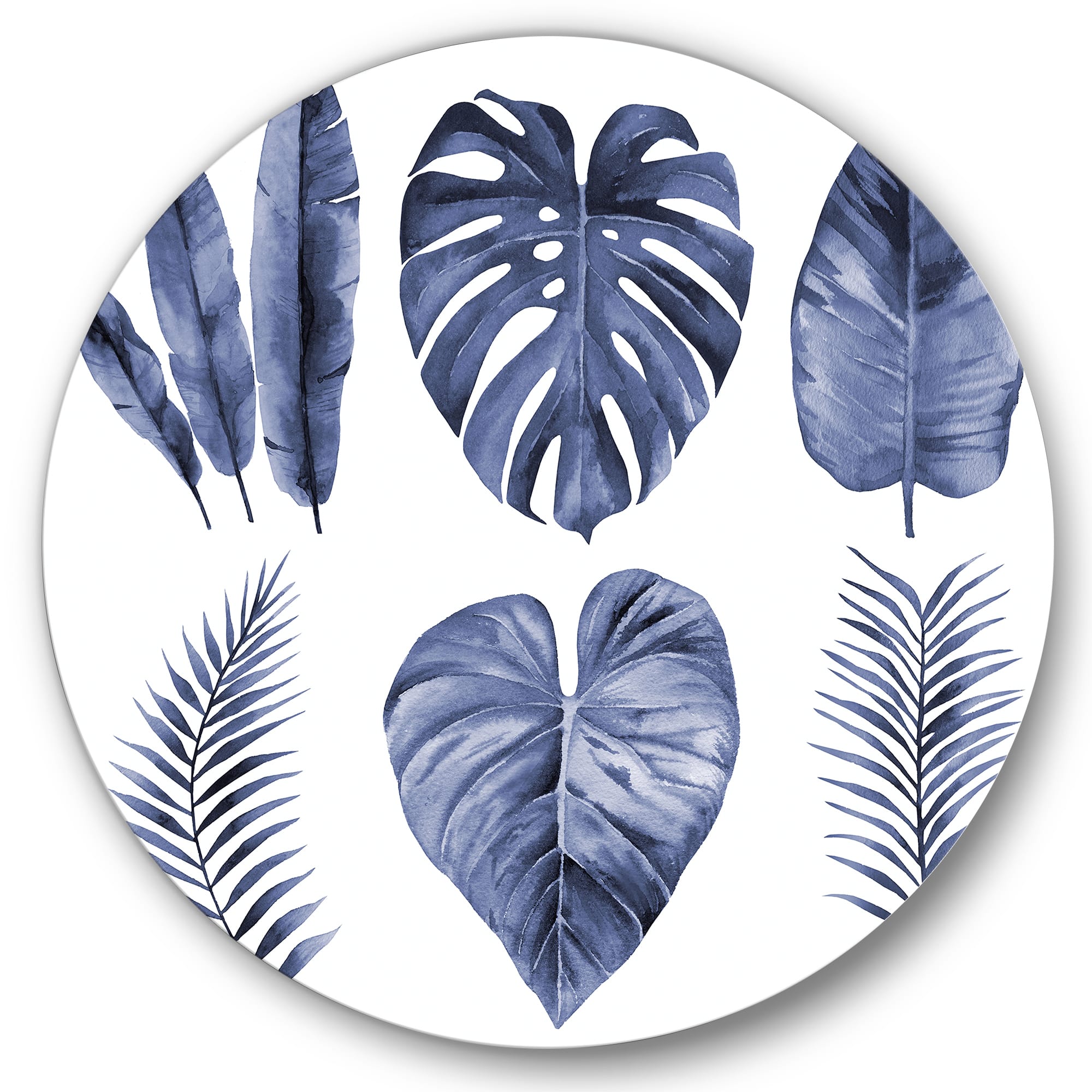 Designart - Tropical Blue Watercolour Leaves I - Farmhouse Metal Circle Wall Art